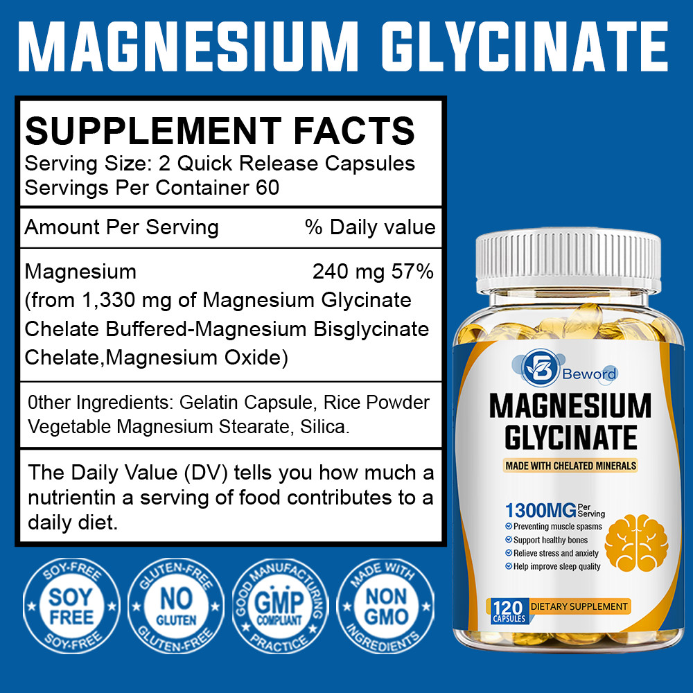 1300mg Magnesium Glycinate Supports Relaxation, Calm Mood & Healthy Sleep Cycle