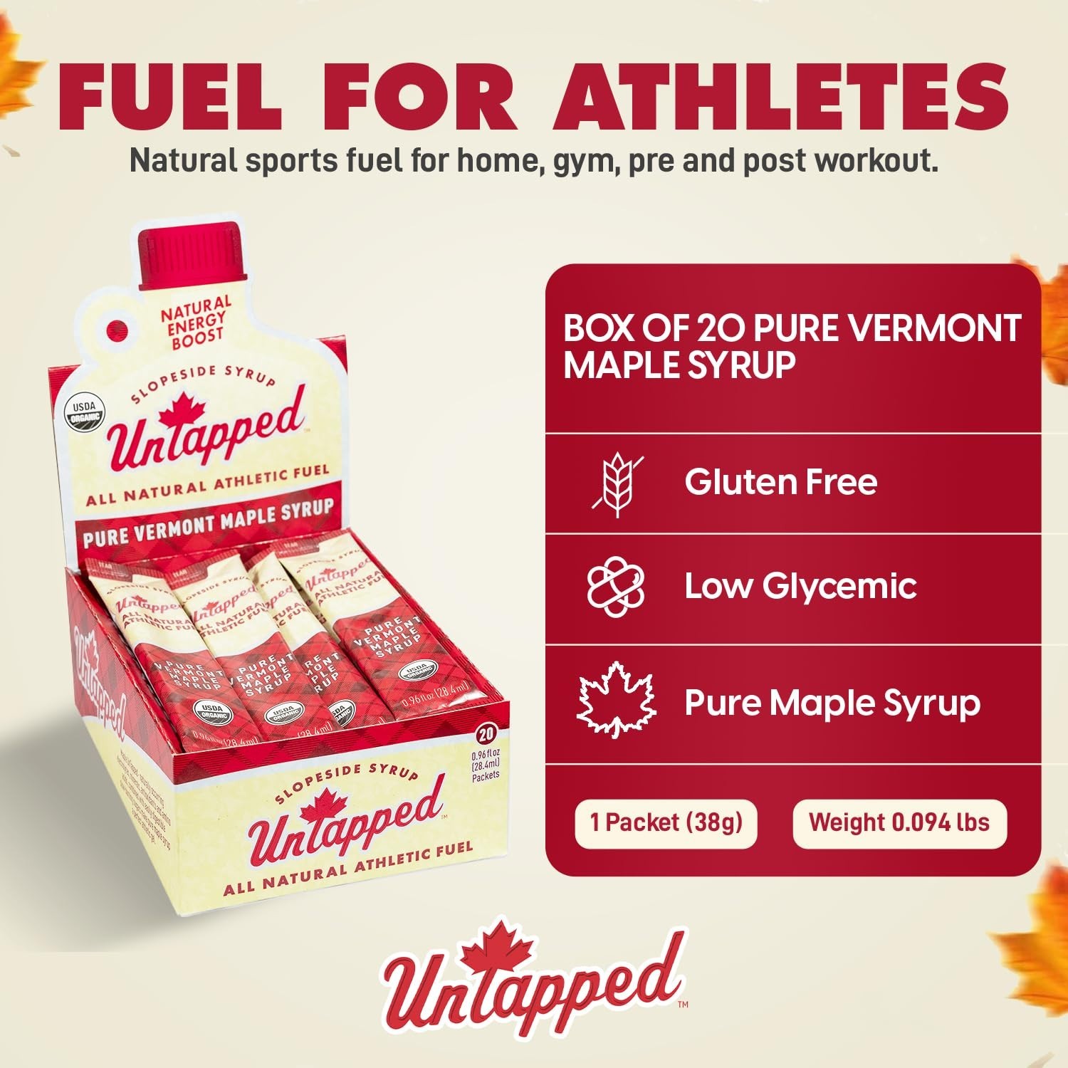 UNTAPPED Vermont Maple Syrup Packets Athletes Box of 20 0.96oz Energy Gel