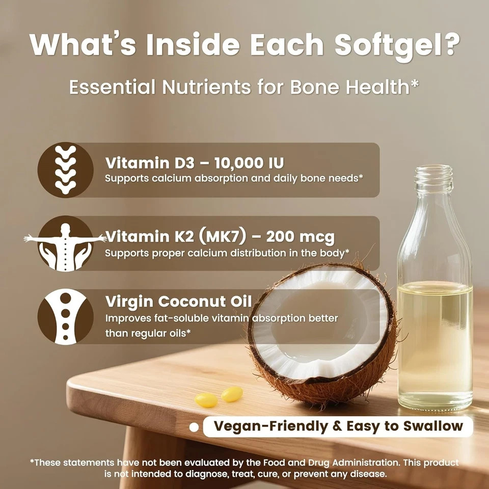 VEV Vitamin D3 Con K2 10000 IU, 300 Virgin Coconut Oil Softgels, 2 in 1 Vitamin