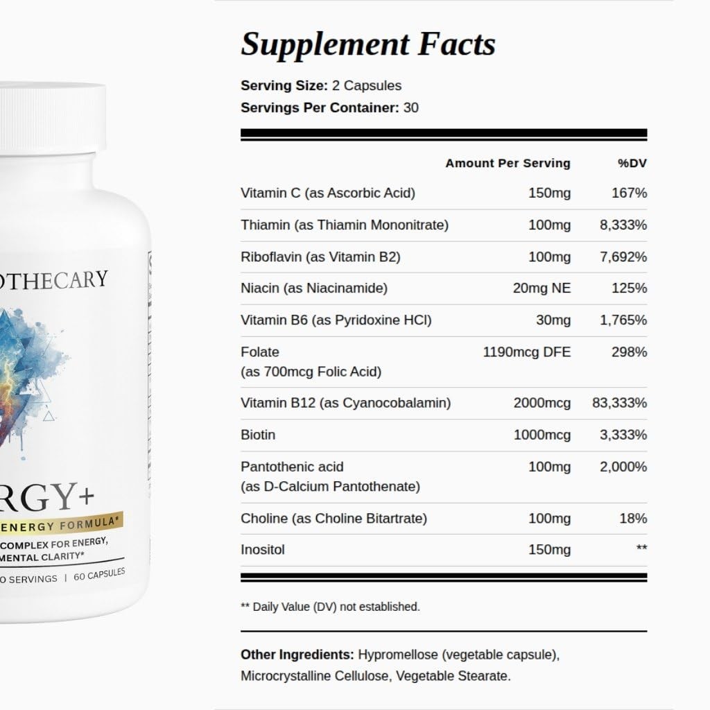 Energy+ B Complex High Potency Supplement – B12 2000mcg B6 B1 Folate Biotin N…