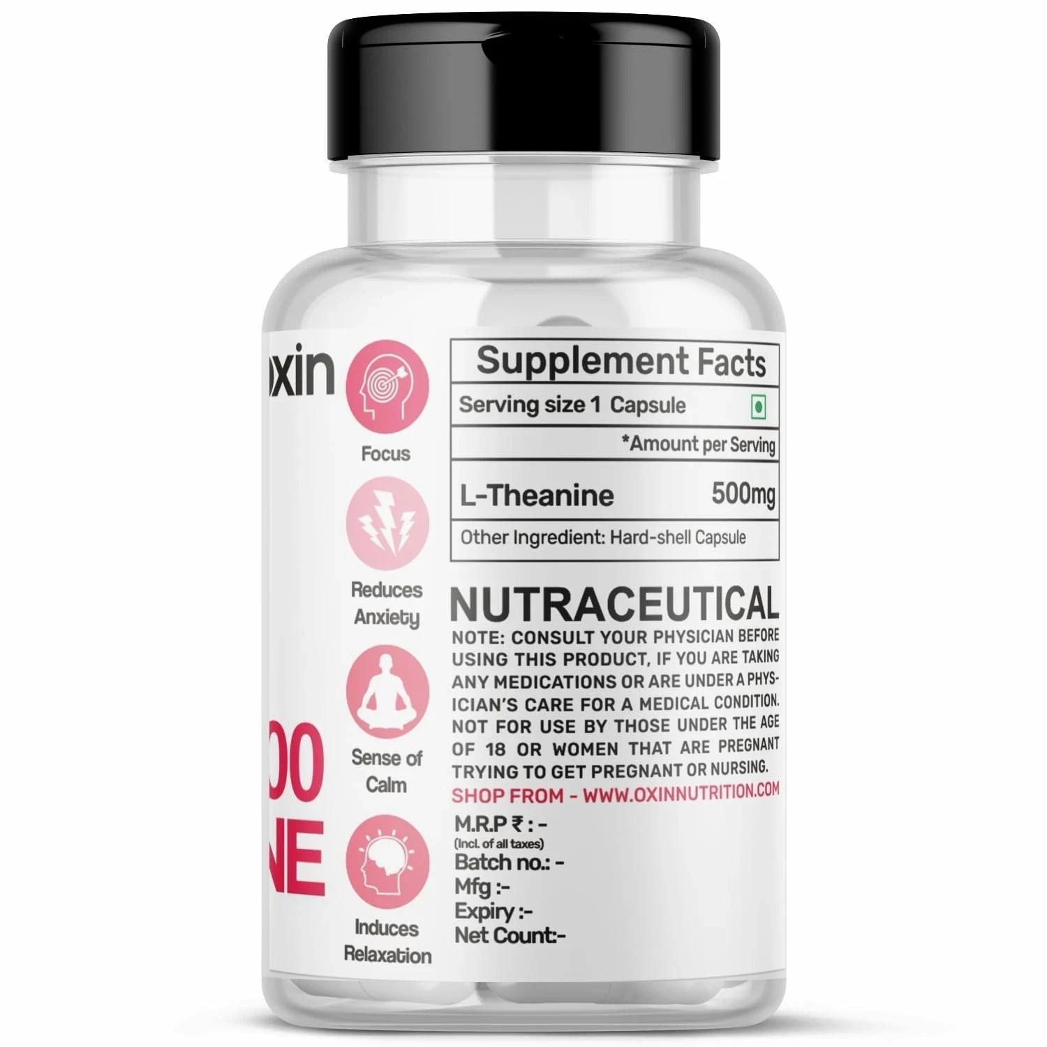 Oxin L Theanine 500mg Capsules Pure Series, 60 Capsules q742