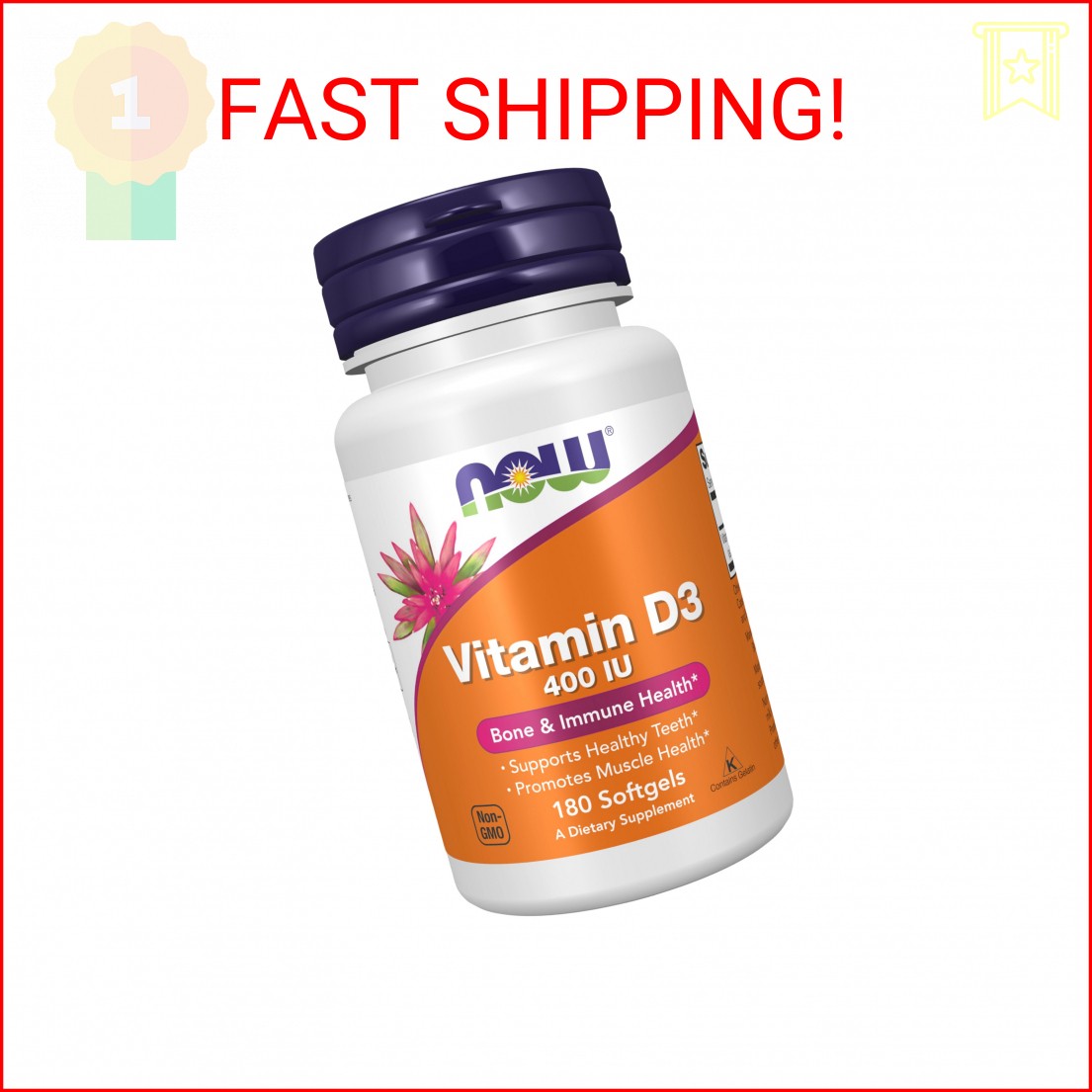 NOW Supplements, Vitamin D-3 400 IU, Strong Bones*, Structural support*, 180 Sof