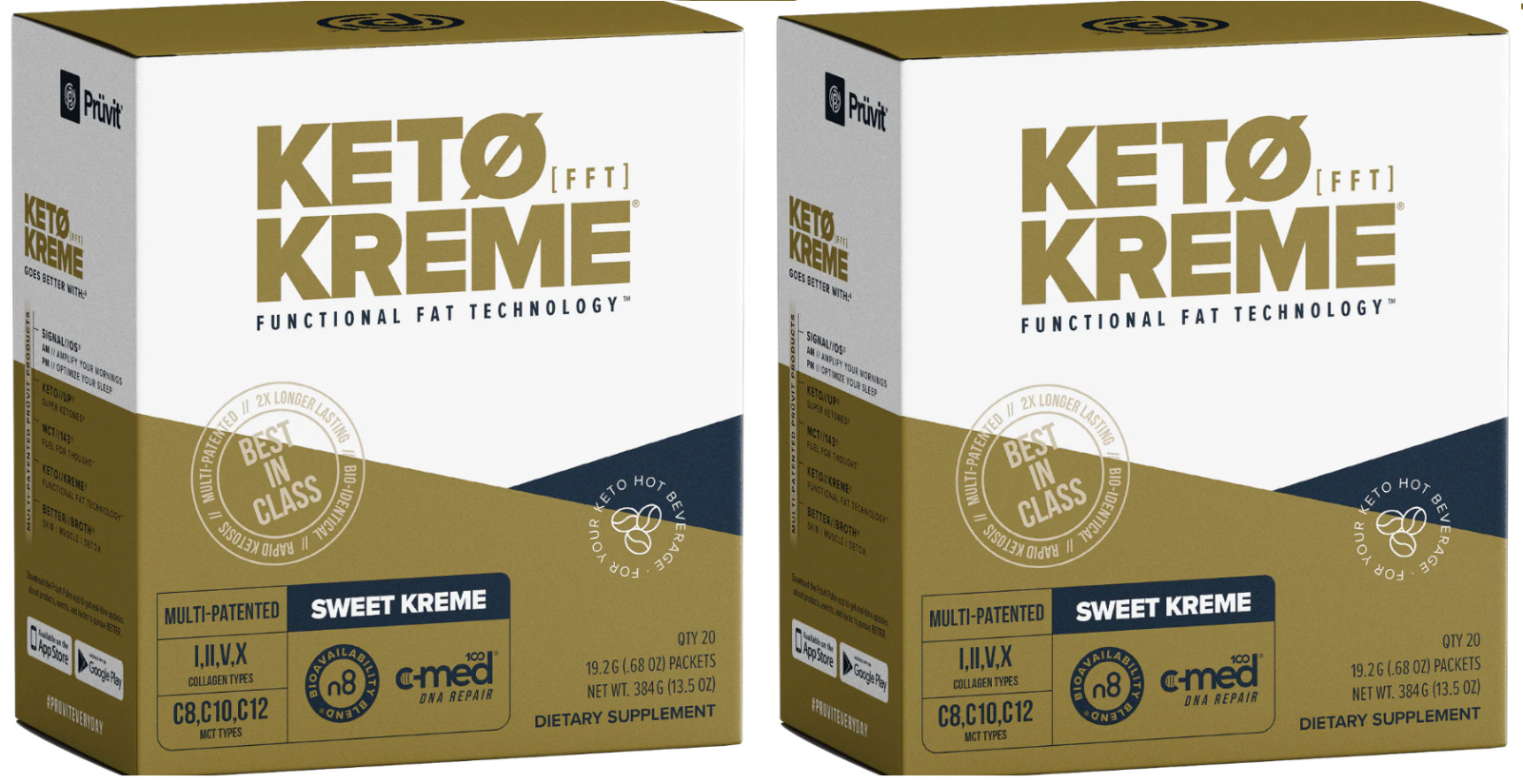 2 boxes of PRUVIT KETO Coffee Kreme Sweet, each box containing 40 sachets.