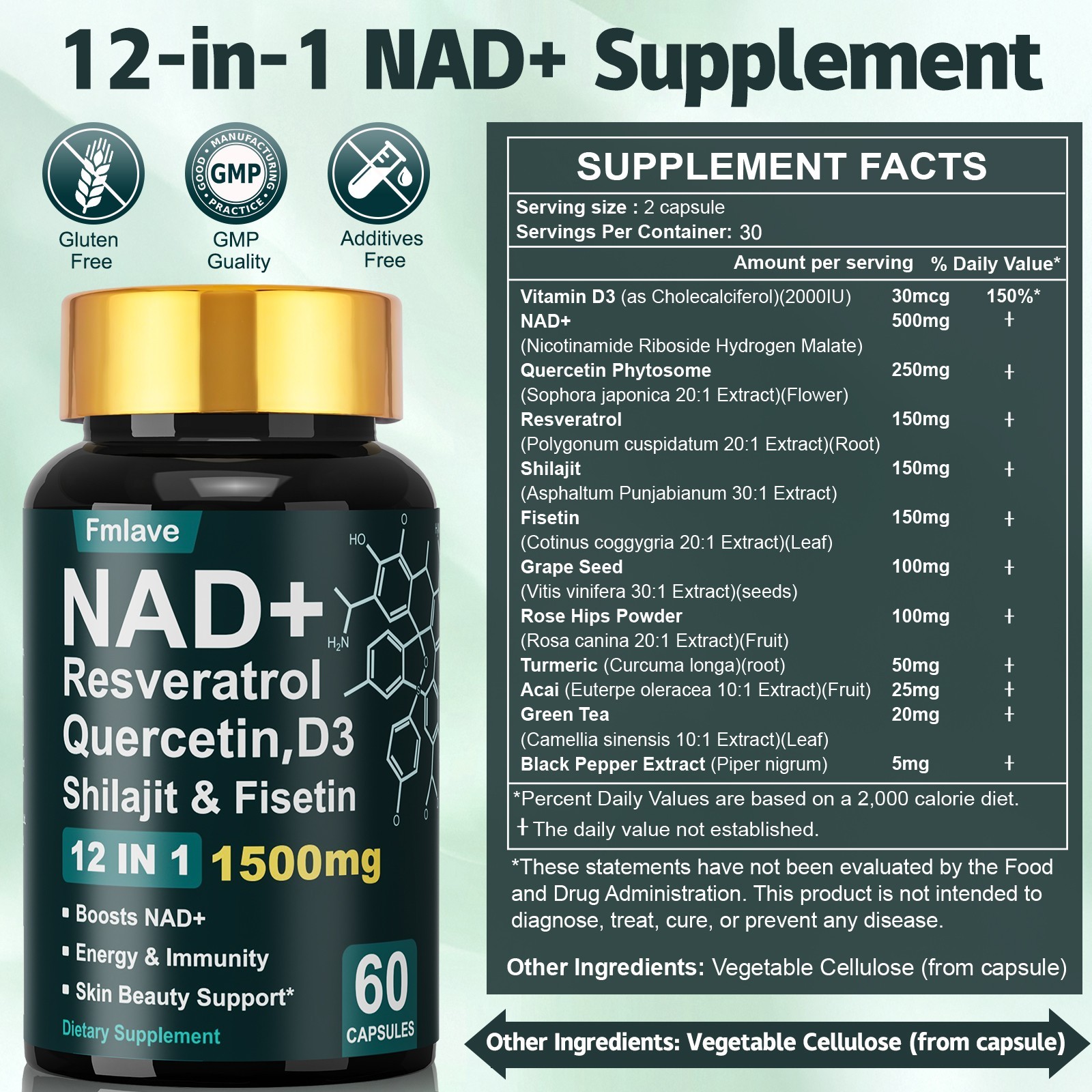 NAD + Resveratrol Quercetin D3, Shilajit & Fisetin, Enhance Cellular Energy 60ct