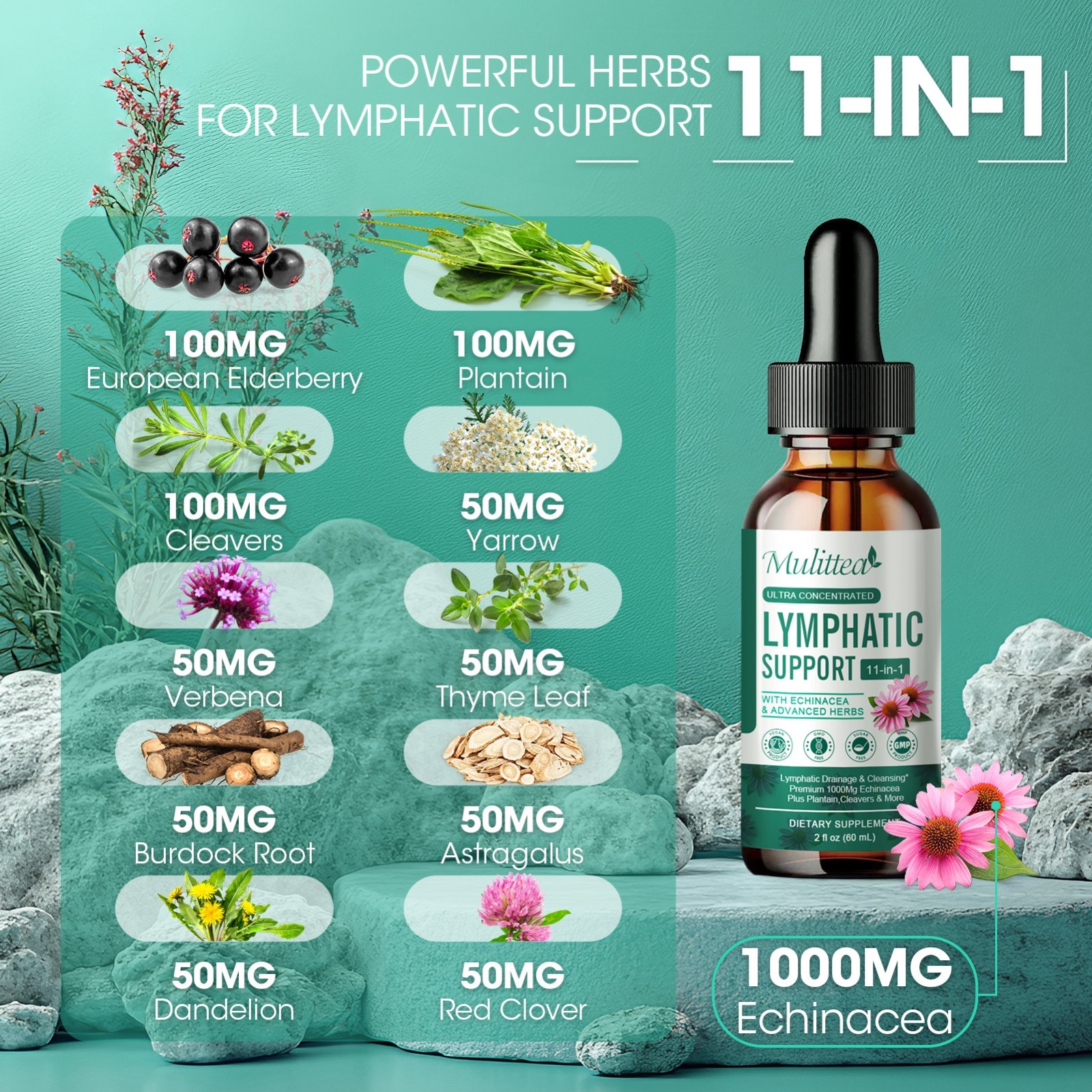 60ML Vegan 11-in-1 Lymphatic Drainage Supplements-Lymph System Support Non-GMO