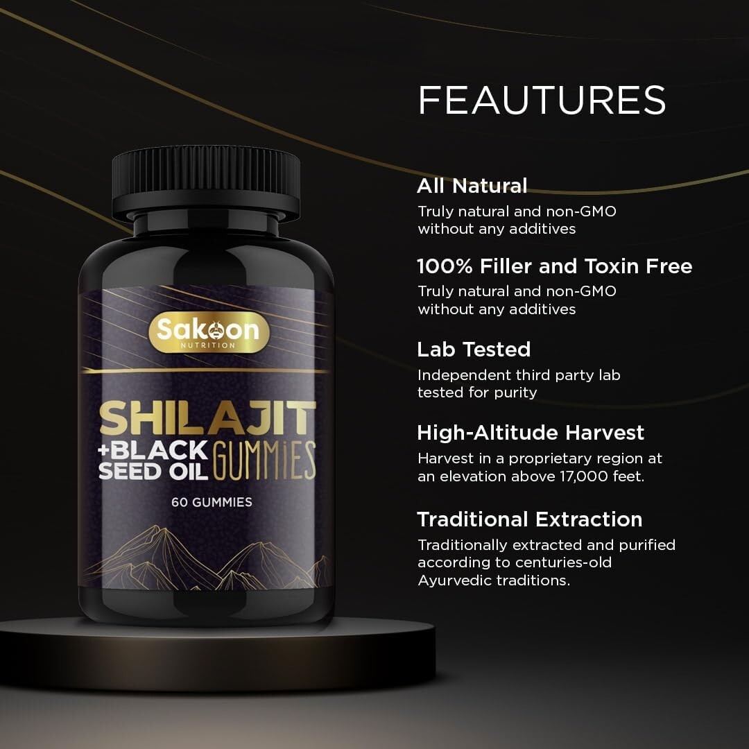 Pure Shilajit Gummies with Black Seed Oil – Energy Boost, Immune Support – 60Pcs