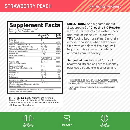 Optimum Nutrition Creatine Monohydrate Plus Powder Strawberry Peach 40 Servings