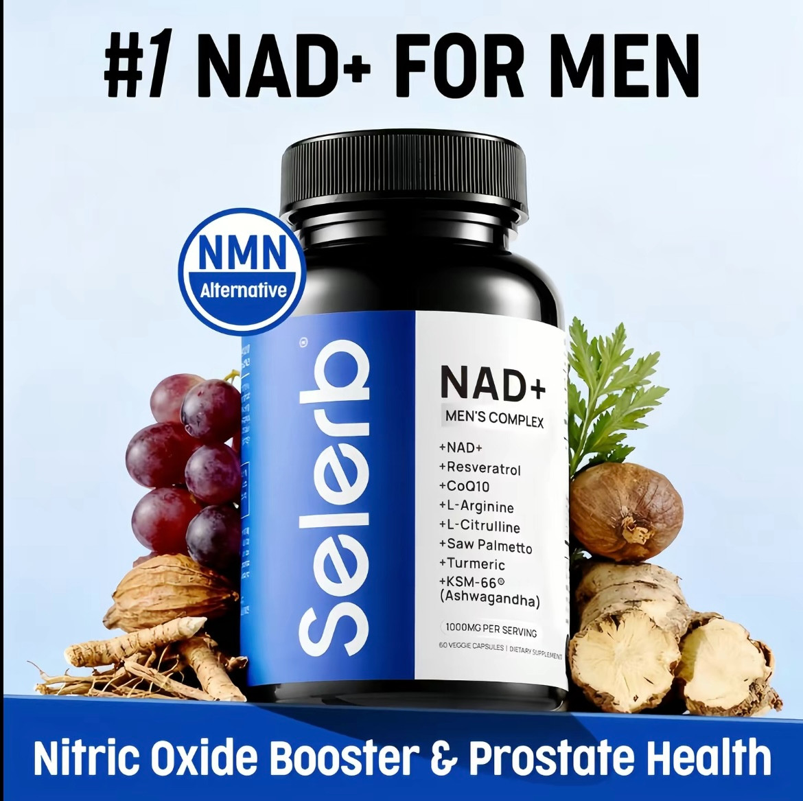 elerb NAD Plus Supplement For Men Prostate Circulation Energy Support 60 Vegan