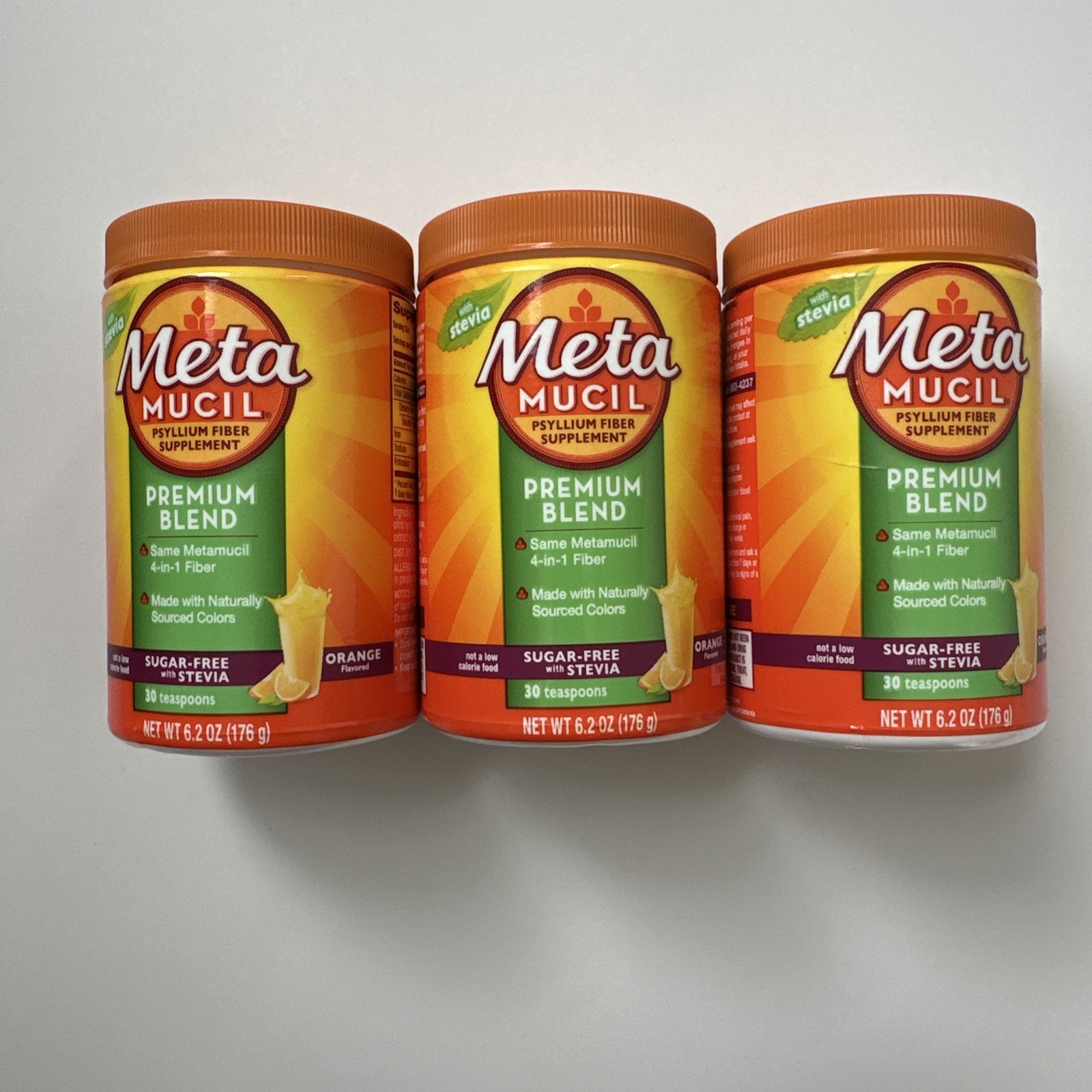 (3) Metamucil Premium Blend Sugar-Free with Stevia, Orange, 30 tsp, Exp. 06/26