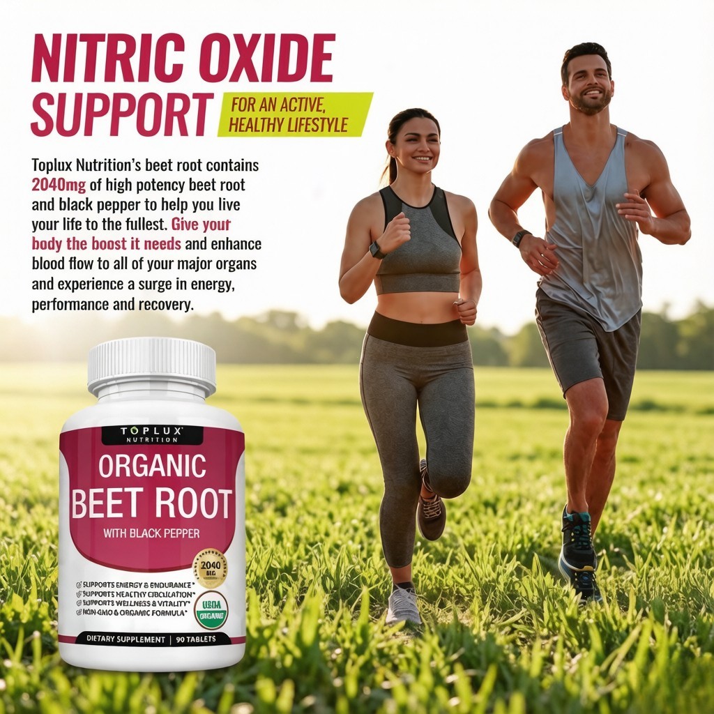 Toplux Organic Beet Root 2040mg – Nitric Oxide Support, Black Pepper, 90 Tablets