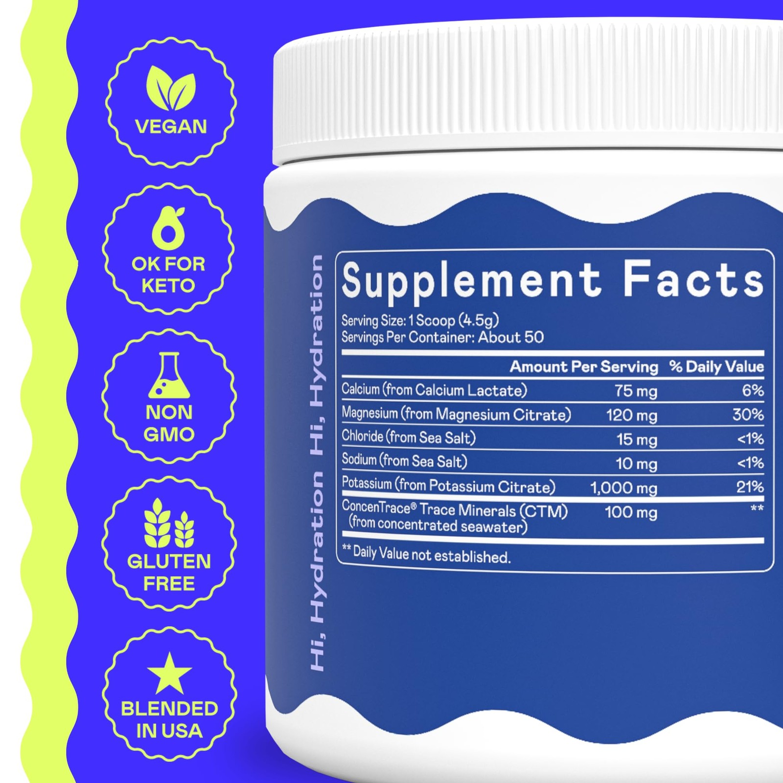 HiLyte K1000 Electrolytes Powder Mix Unflavored Keto & Performance, 50 Servings