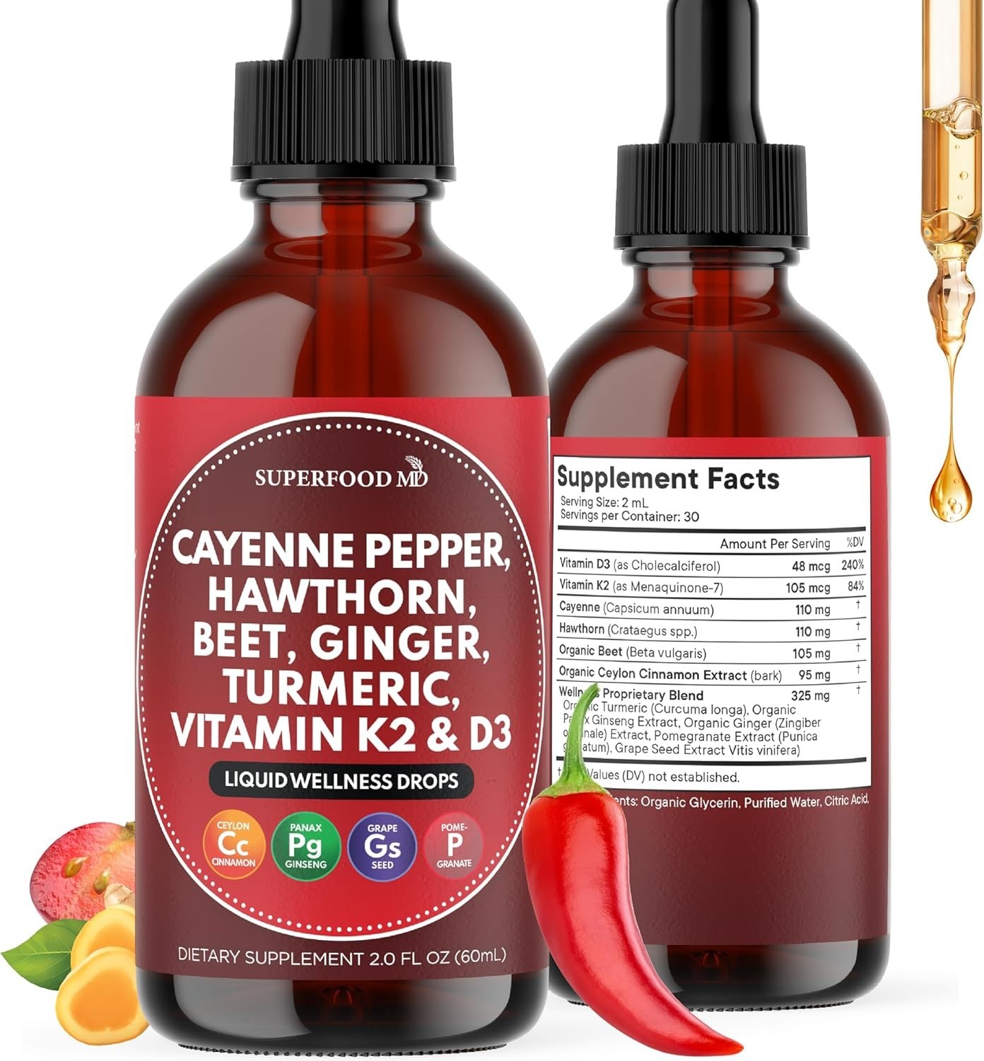 Cayenne Liquid Drops + Hawthorn Berry, D3, K2, Beet Root, Ceylon & More – 2 oz.