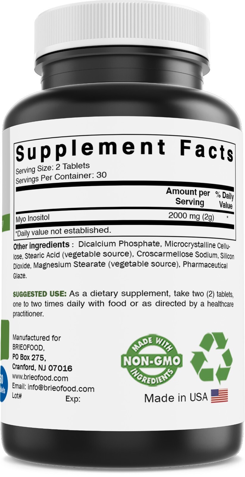 Brieofood Myo Inositol 2000 mg per Serving – 60 Tablets – 3rd Party Lab Tested