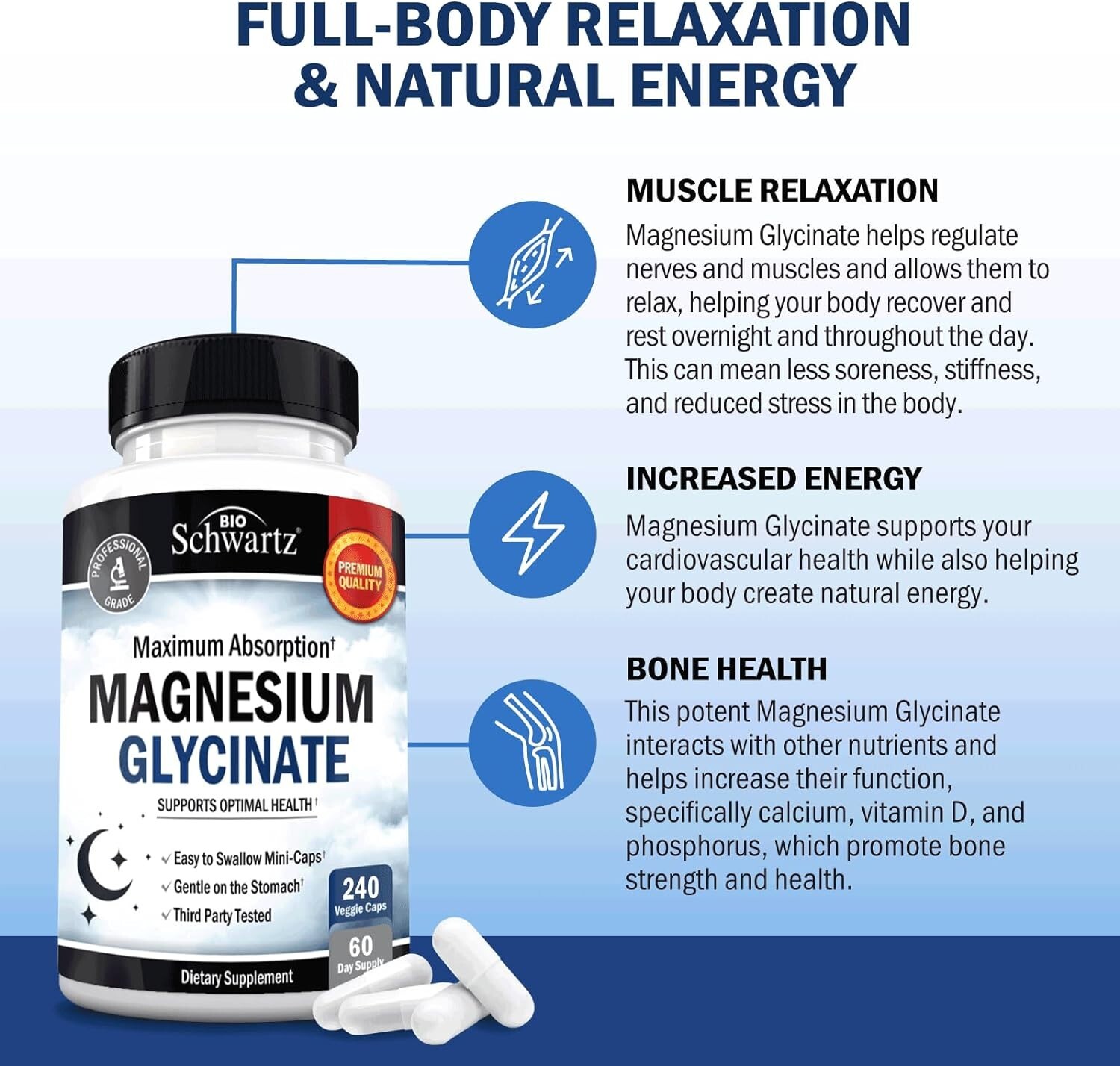 Magnesium Glycinate 500mg Capsules (240 Mini Caps) Maximum Absorption Magnesium