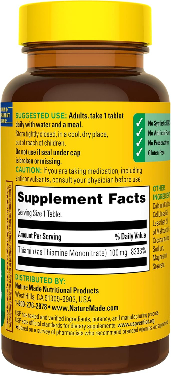 Nature Made Vitamin B1 100mg Thiamine Energy Metabolism Support 100 Tablets