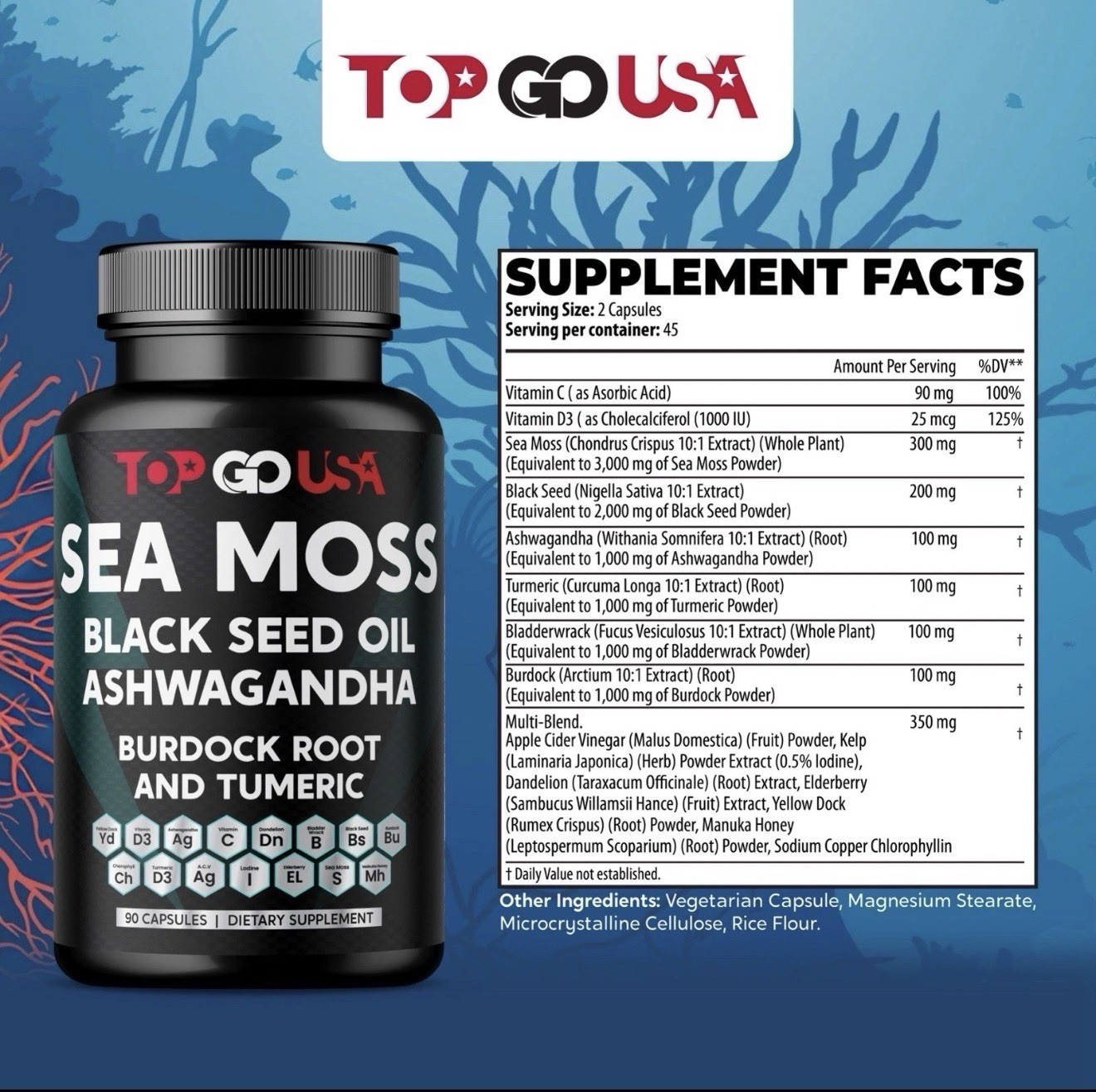 2 Pack Sea Moss Black Seed Oil Ashwagandha Burdock Root Turmeric 180 Capsules