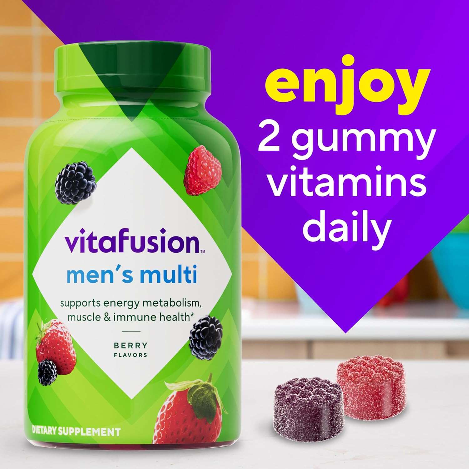 Adult Gummy Vitamin Supplement for Men, Berry Flavored, A, C, D, E, B6, B12, Dai