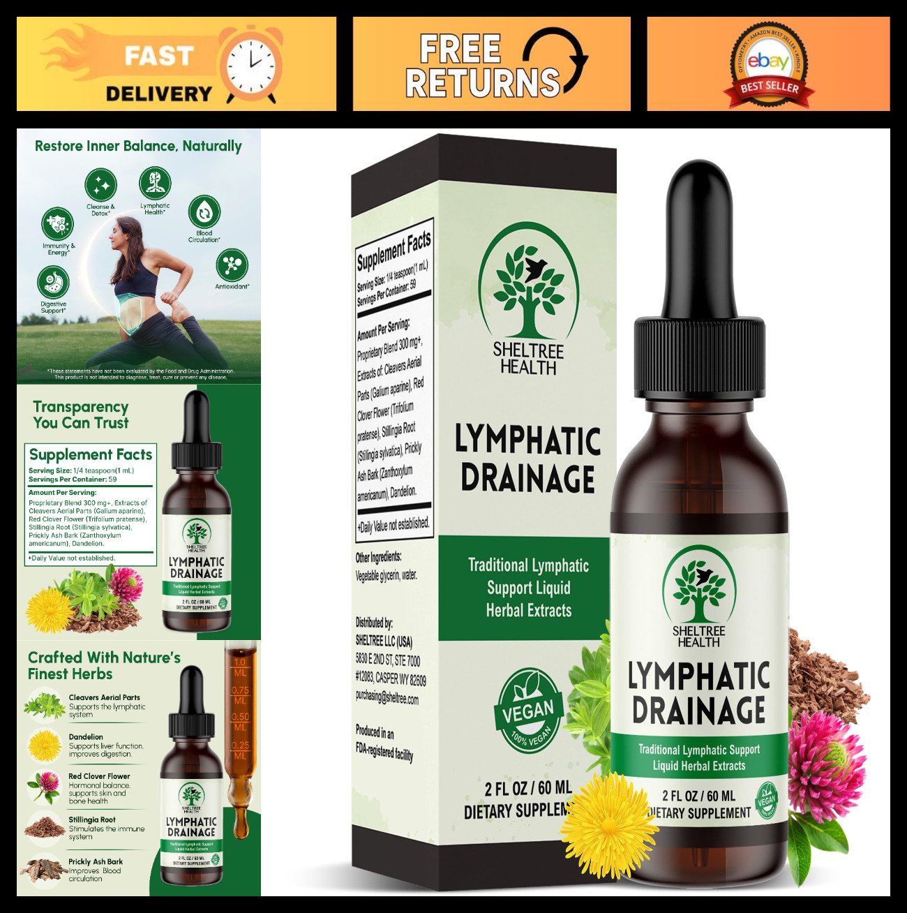 Organic Lymphatic Drainage Drops 2 Fl. Oz | Vegan, Non-GMO Supplement with Cleav