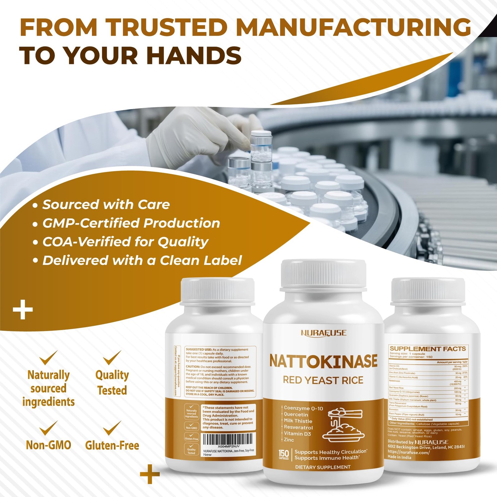 NURAFUSE NATTOKINASE 11-in-1 Formula – with Red Yeast 150 Count (Pack of 1)
