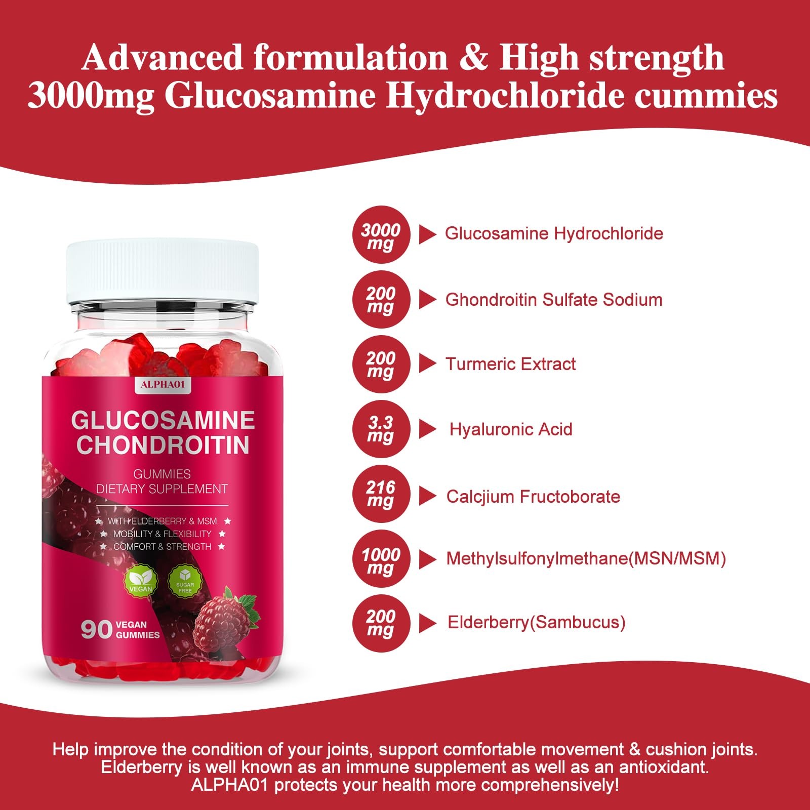 Glucosamine Chondroitin Gummies – 3000MG Extra Strength 90 Count (Pack of 1)