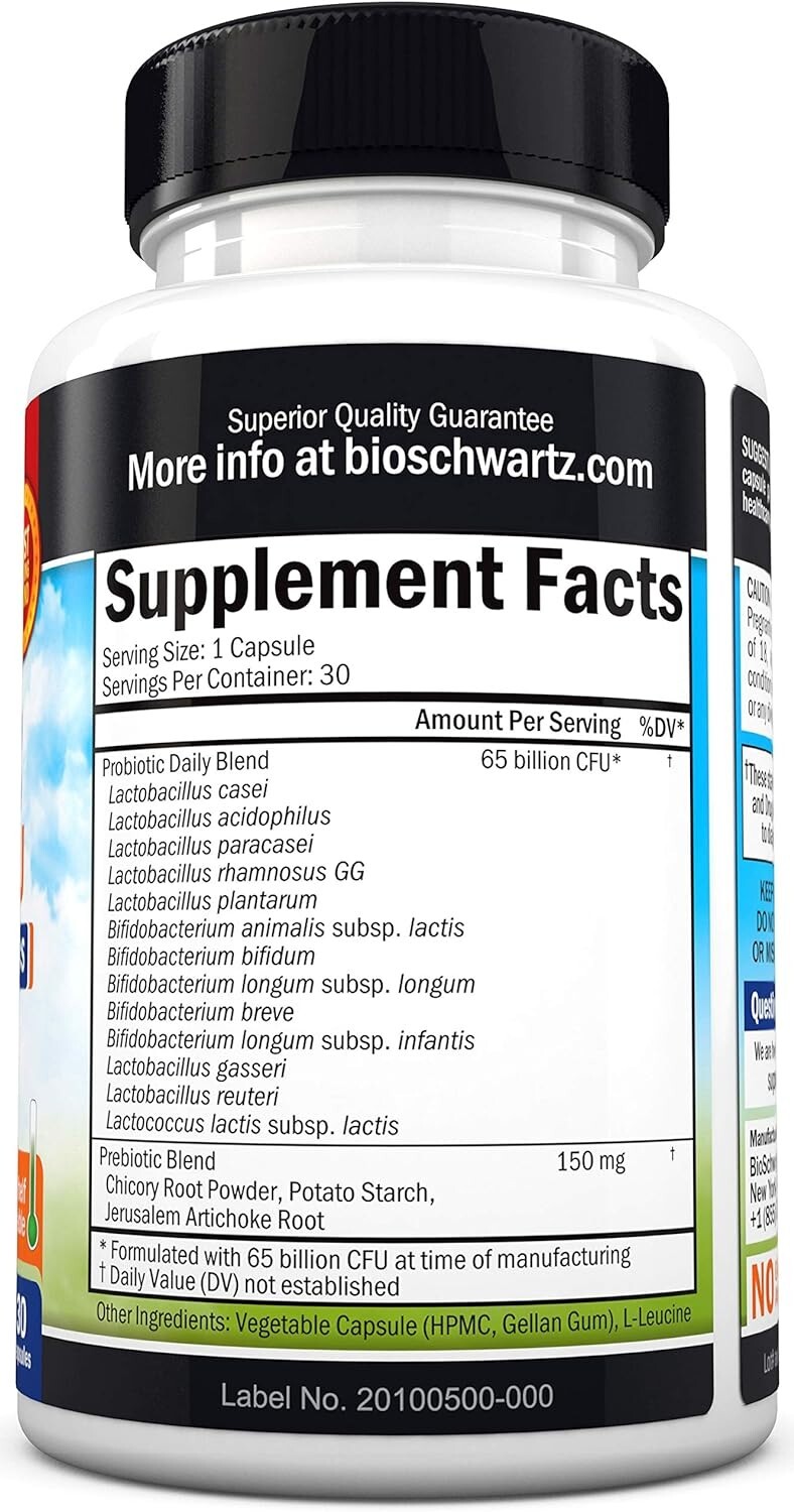 BioSchwartz Probiotic 65 Billion CFU Reduce Bloating & Support Digestion, 30 ct