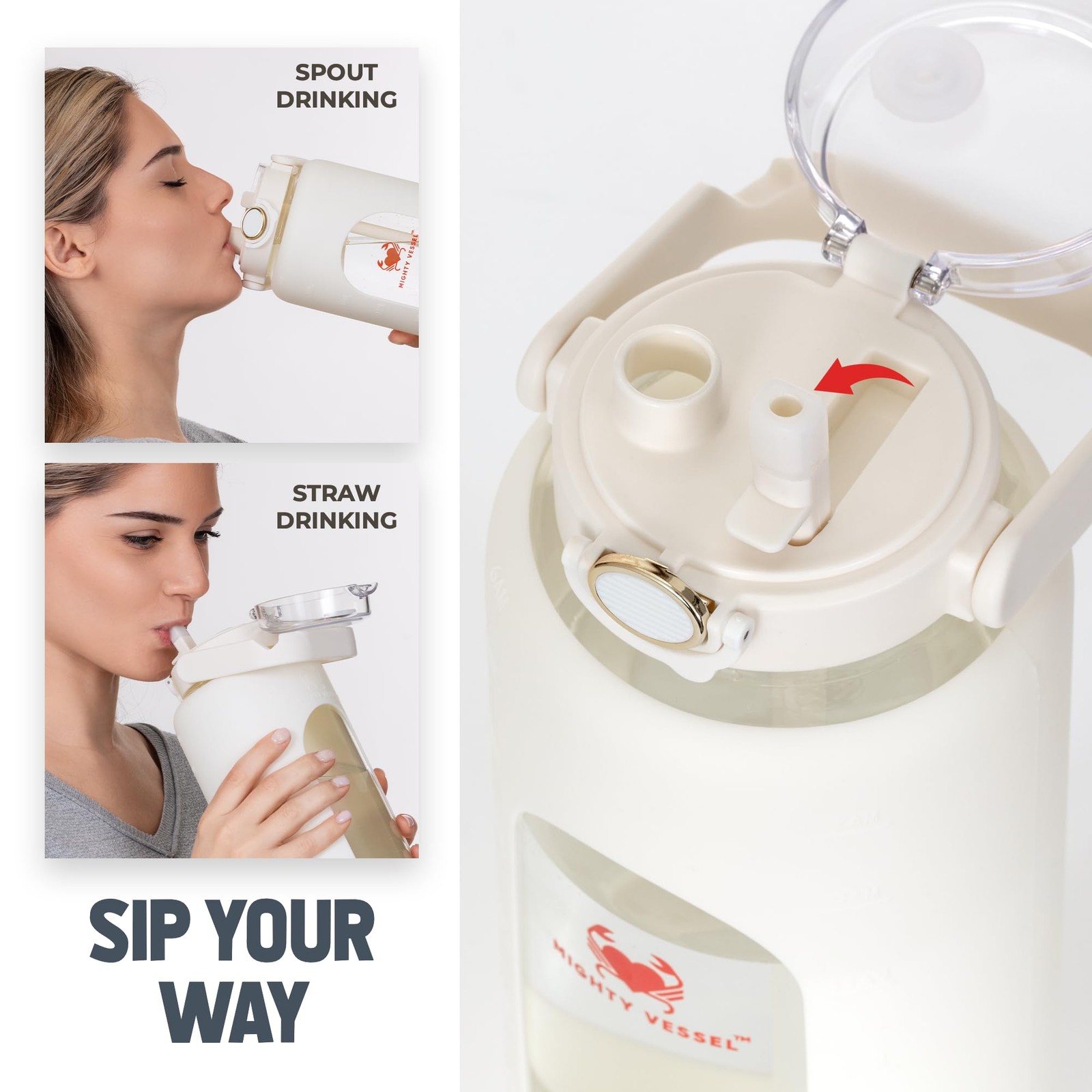 MIGHTY VESSEL 64 Oz Water Bottle with Time Marker & Straw – 64 Ounces, White
