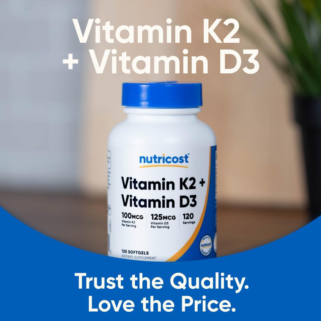 Nutricost Vitamin K2 (100mcg) + Vitamin D3 (5000 IU) 120 Softgels – Gluten Free