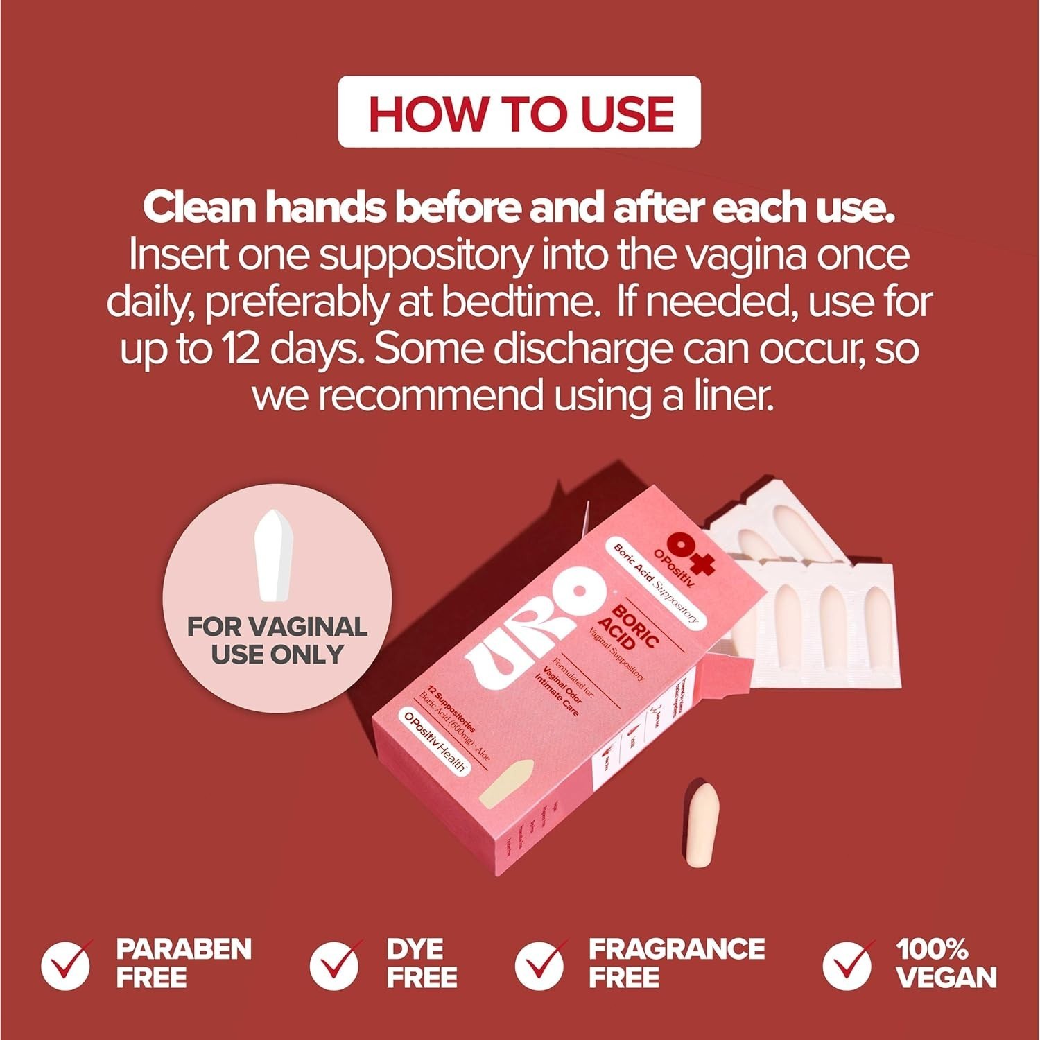 URO – Boric Acid Vaginal Support Acid & Aloe For Vaginal Odor, 12 Ct