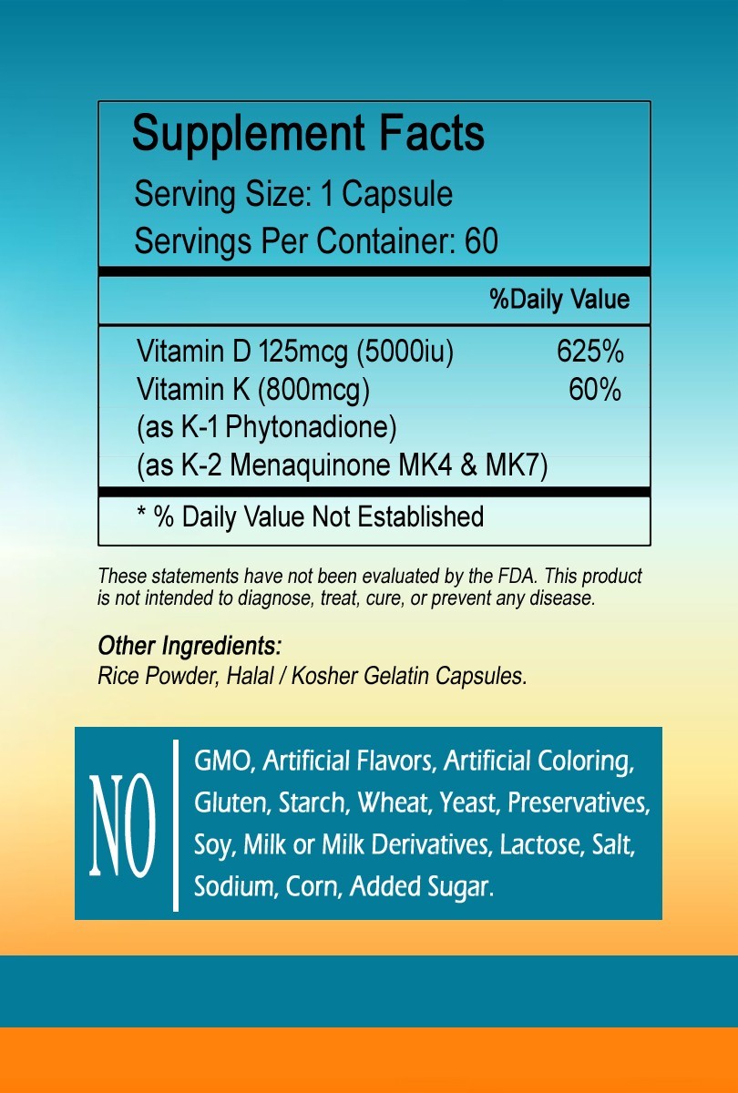 Vitamin K2 (800mcg) & Vitamin D3 (5000 IU) Capsules – New Bottle