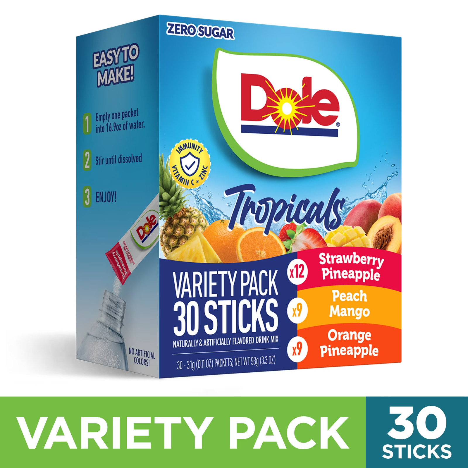 Dole Powder Drink Mix Variety Pk, Tropical ,Peach Mango &Strawberry Pineapple,30