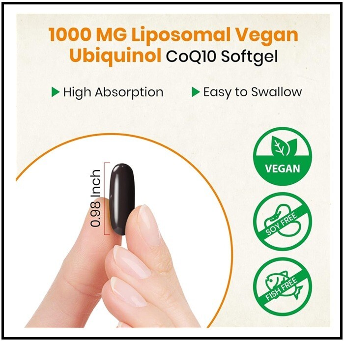 1000mg Liposomal CoQ10 Ubiquinol, 120 Vegan Softgels, High Absorption Ubiquinol