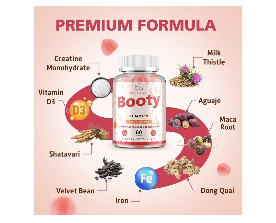 Glorithiventa Booty Gummies Peach Flavor Women’s Muscle Growth & Energy 60 Ct
