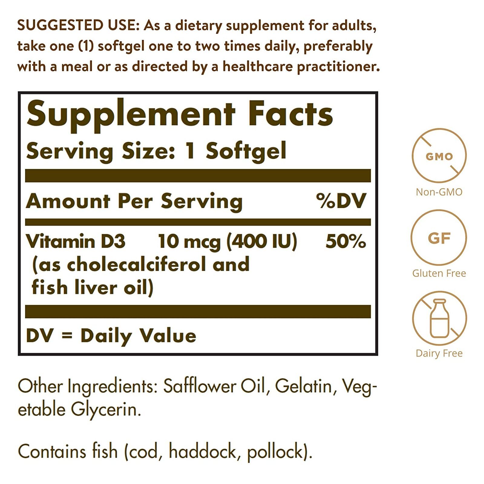 Solgar Vitamin D3 Cholecalciferol 10 mcg 400 IU 100 Softgels