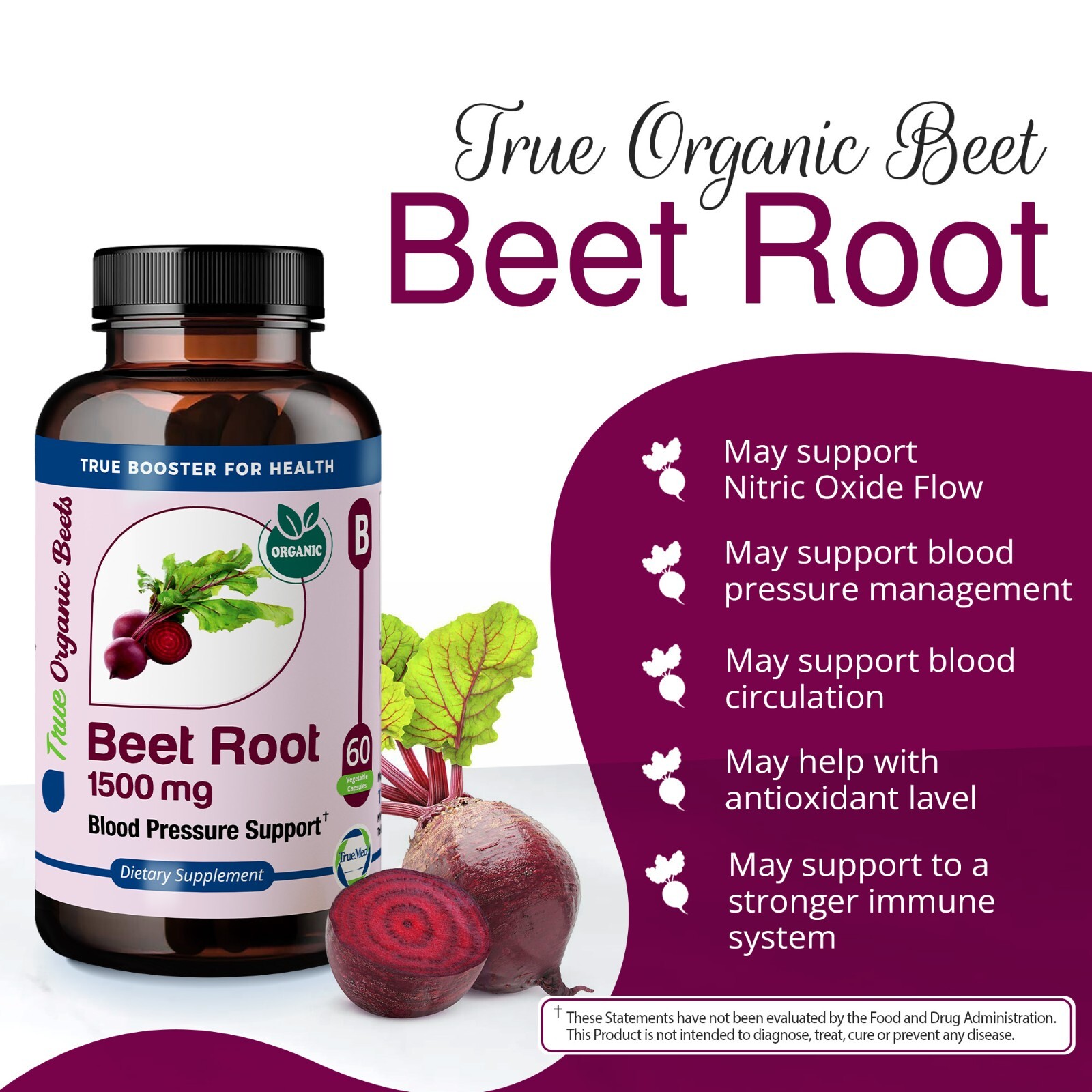 TrueMed Beetroot Supplement, Beet as Beta Vulgaris 1500 Mg 60 Capsules