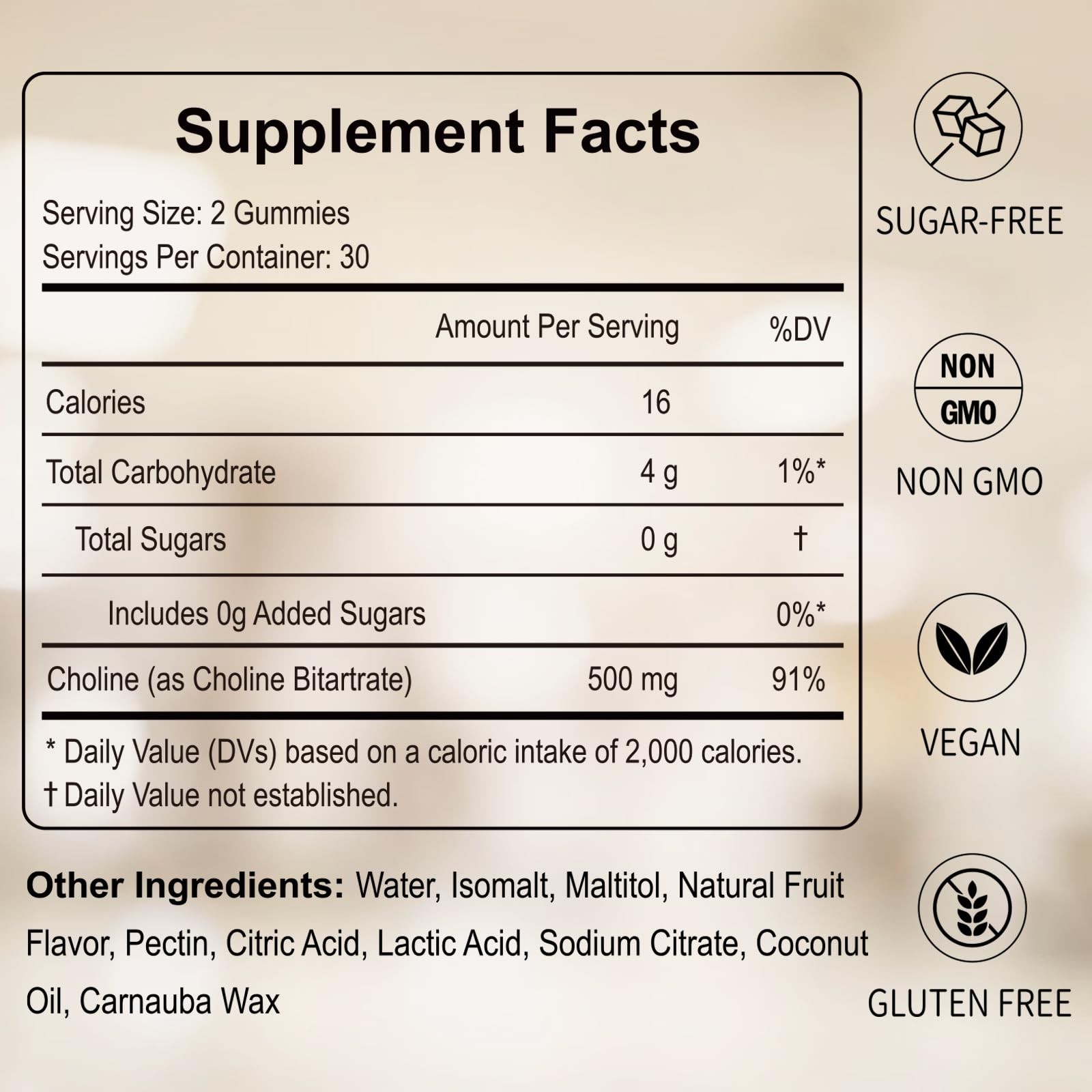 HFELIZ Choline Supplement Gummies Sugar Free, 500mg 60 Count (Pack of 1)