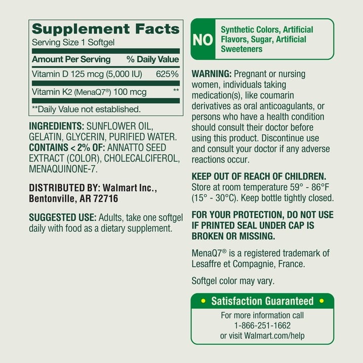 Spring Valley D3 125 mcg + K2 (100 mcg) for Bone Health Softgels, 120 Count