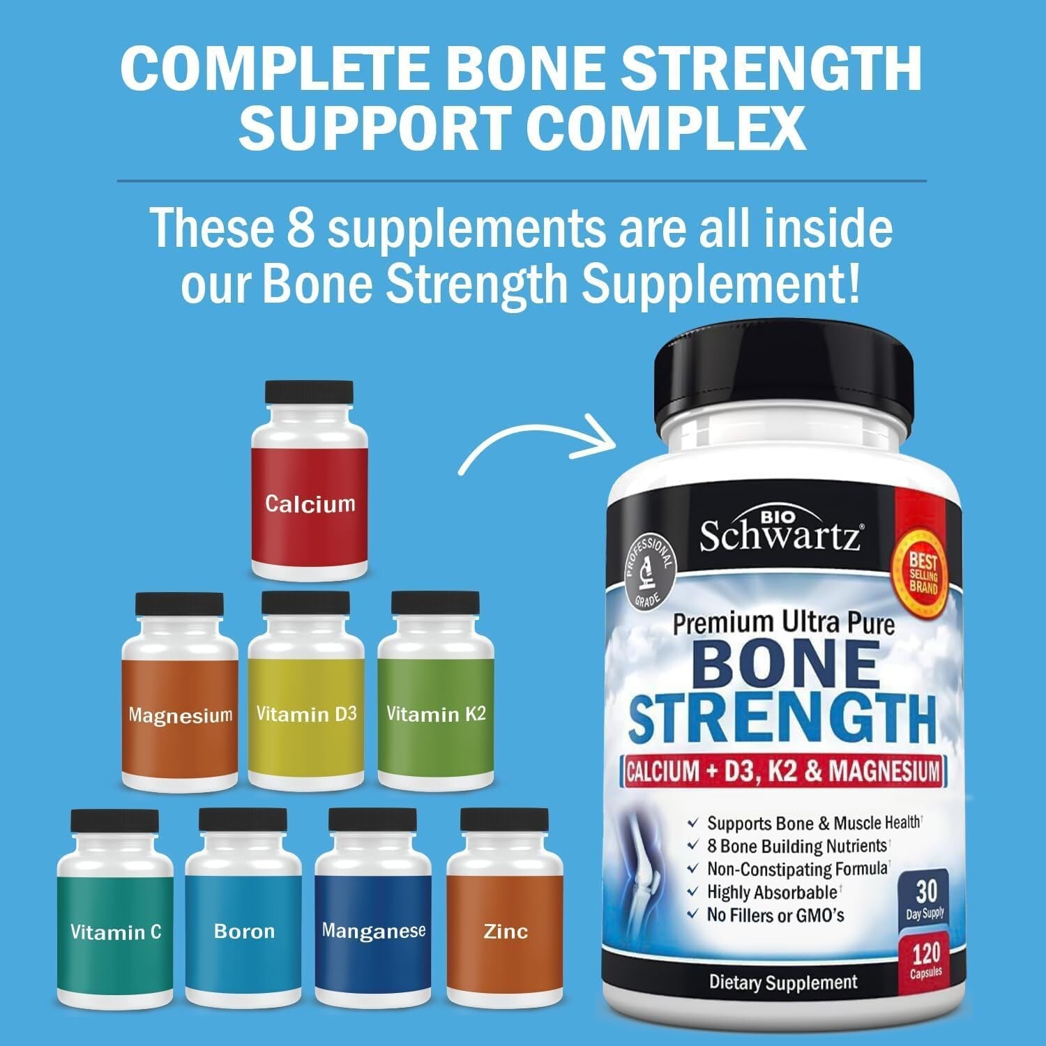 Bone Strength Calcium Supplement w/ Calcium, Vitamin D3, K2, C, Magnesium 120ct