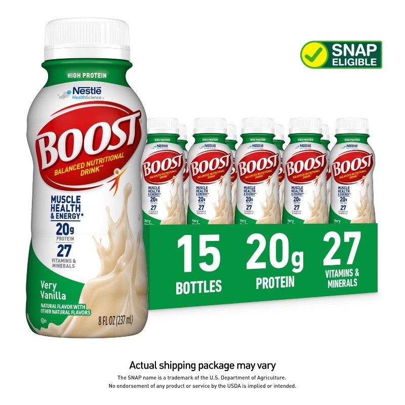 BOOST 20g High Protein Nutritional Drink Shakes, Very Vanilla, 8 fl oz, 15 Pack