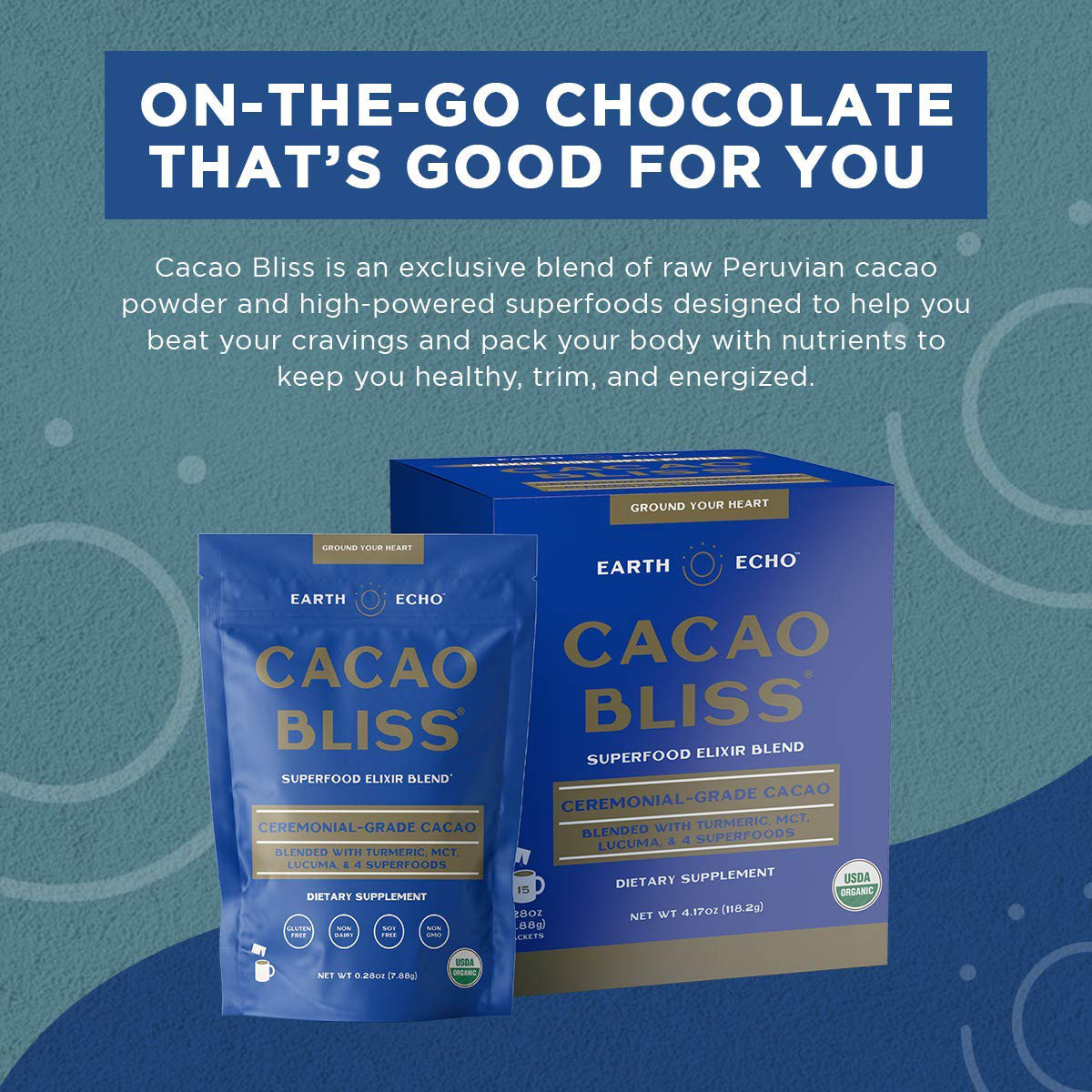 Earth Echo Raw Cacao Bliss Superfood Powder Organic Non GMO Healthy 15Pack Choco