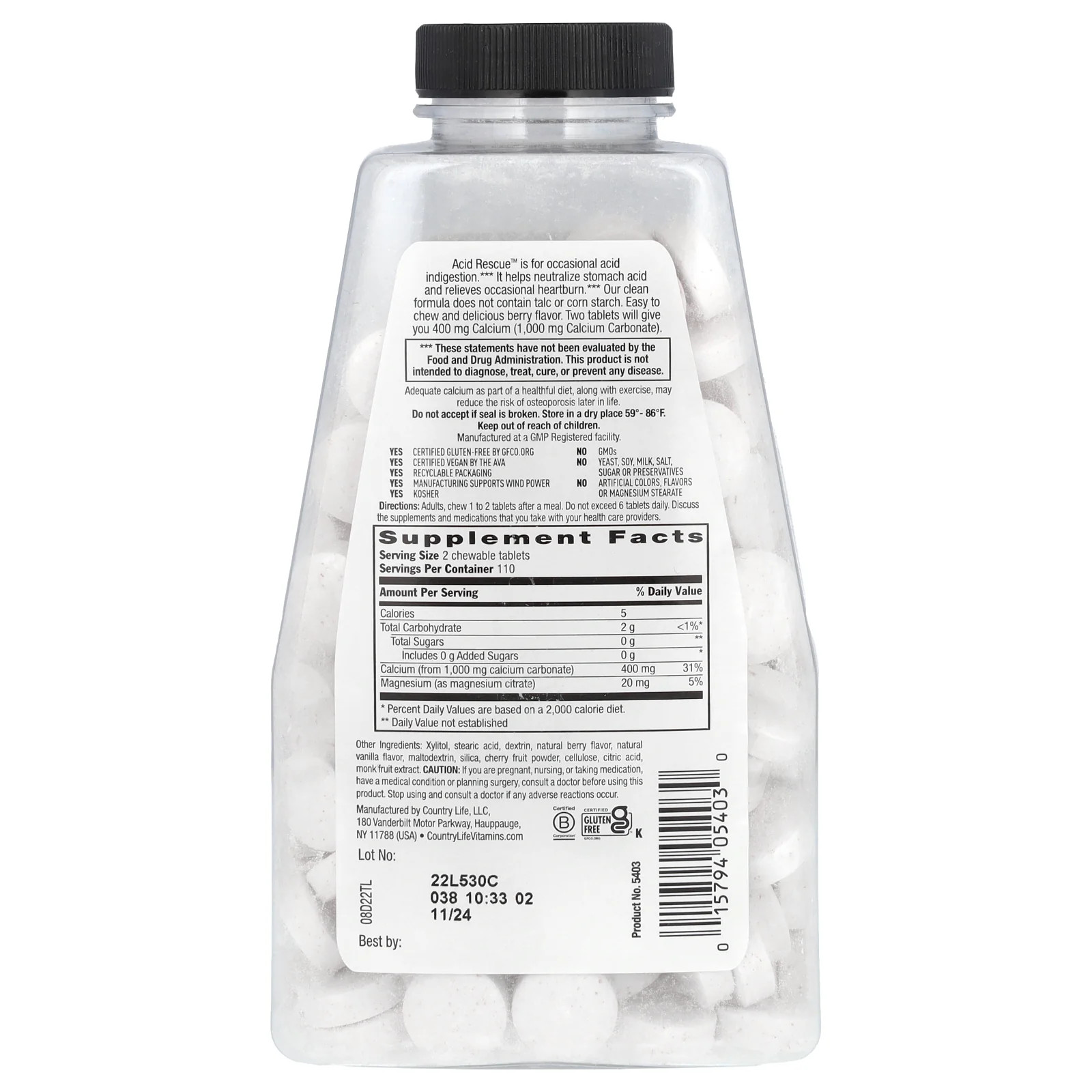 2 X Country Life, Acid Rescue, Calcium Carbonate, Berry, 220 Chewable Tablets