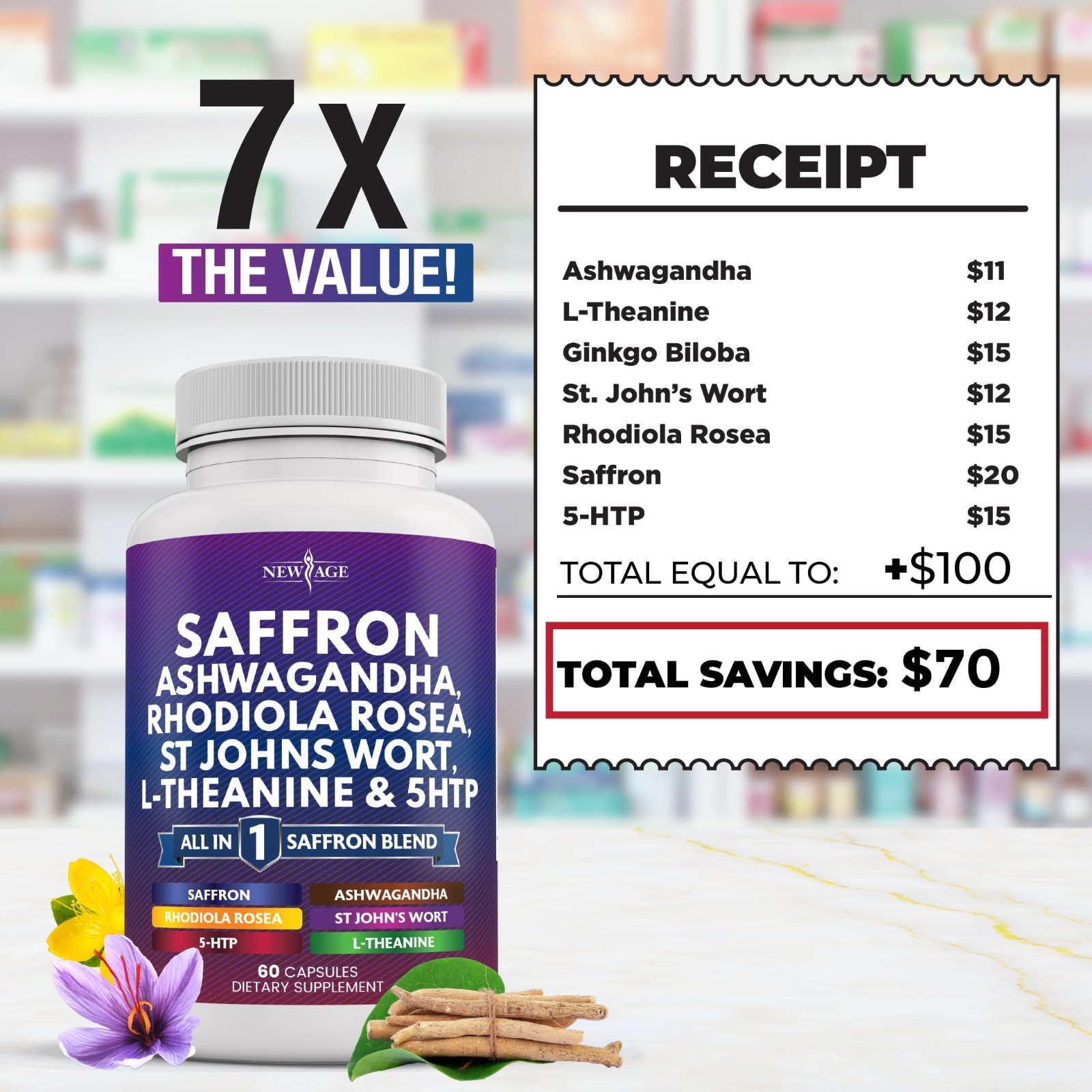 Saffron Supplements with Ashwagandha, L-Theanine, Ginkgo Biloba & 5-HTP – 180 Co
