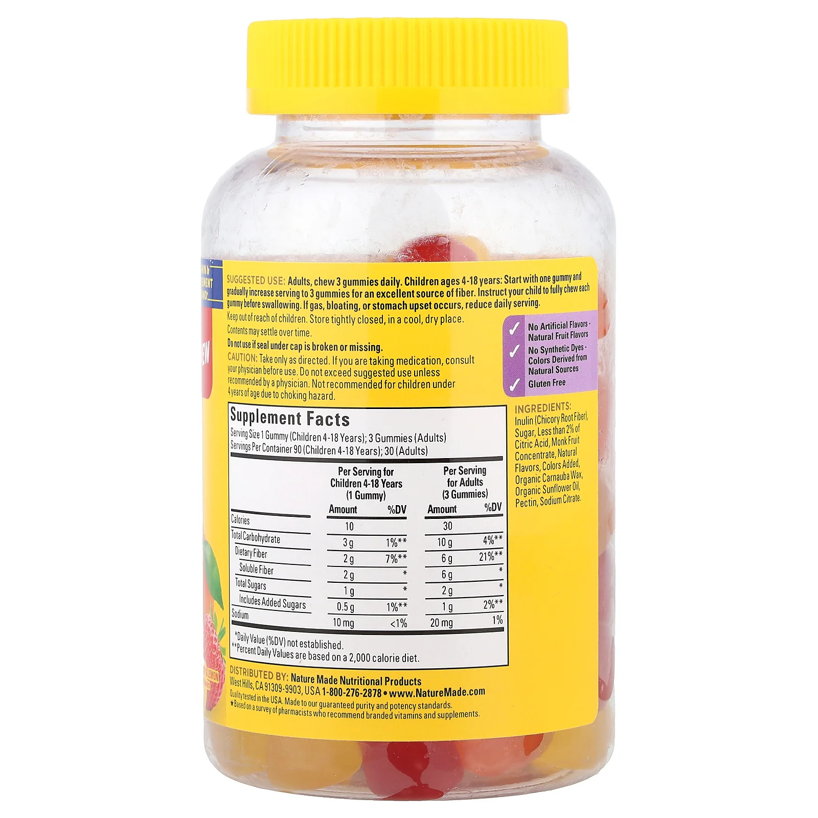 2 X Nature Made, Prebiotic Fiber Gummies, Orange, Strawberry & Lemon, 90 Gummie