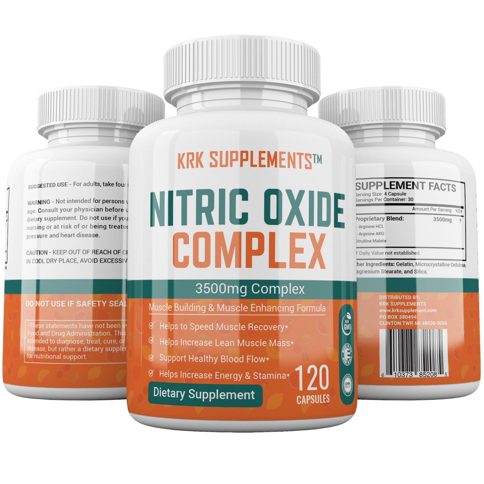 1 pk Nitric Oxide 3500mg L-Arginine AKG Ketp Citrulline Muscle Pump Growth Pills