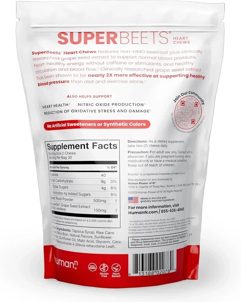 2 Pack HumanN – SUPER BEETS Heart Chews, Pomegranate, 60 Count,FREE SHIP