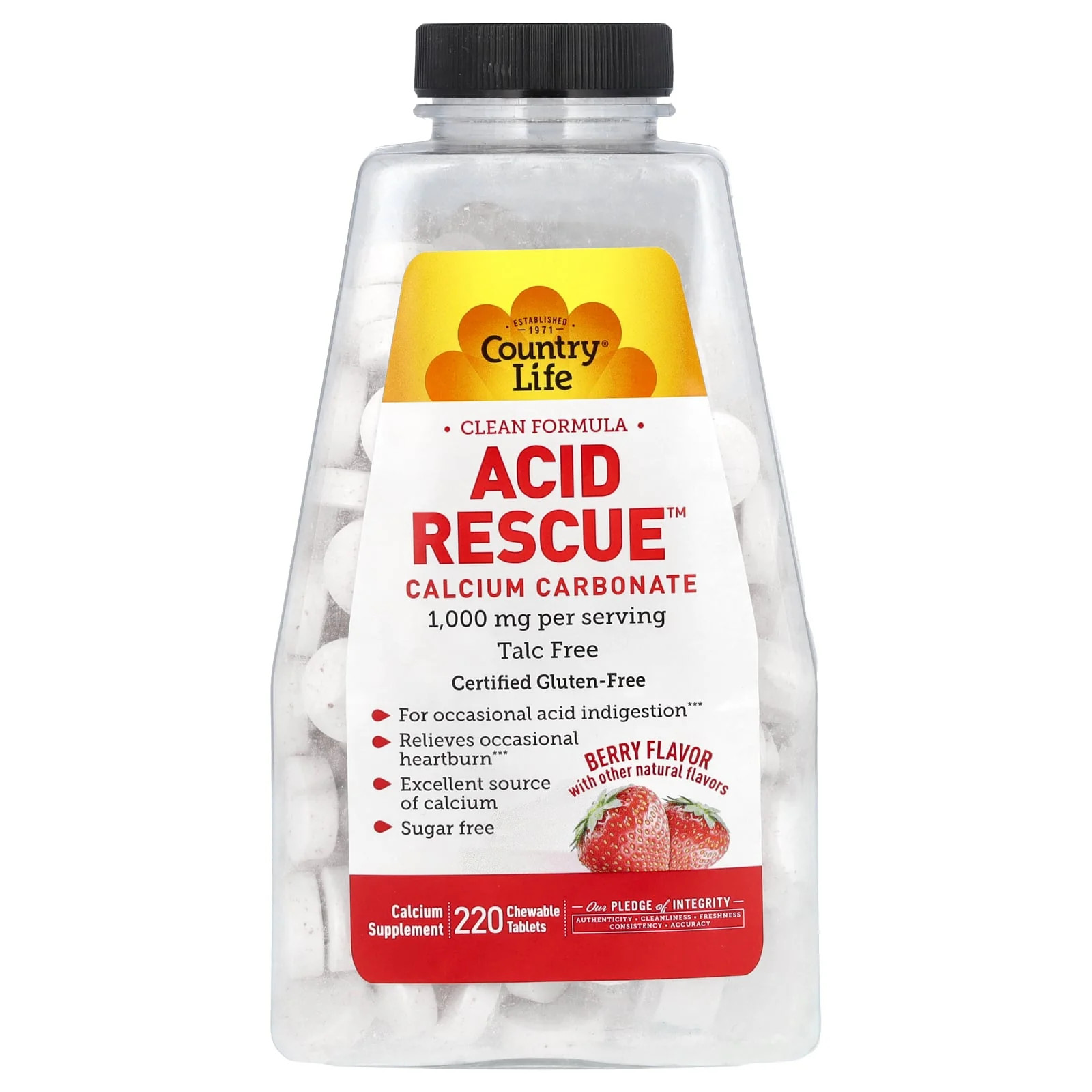 2 X Country Life, Acid Rescue, Calcium Carbonate, Berry, 220 Chewable Tablets
