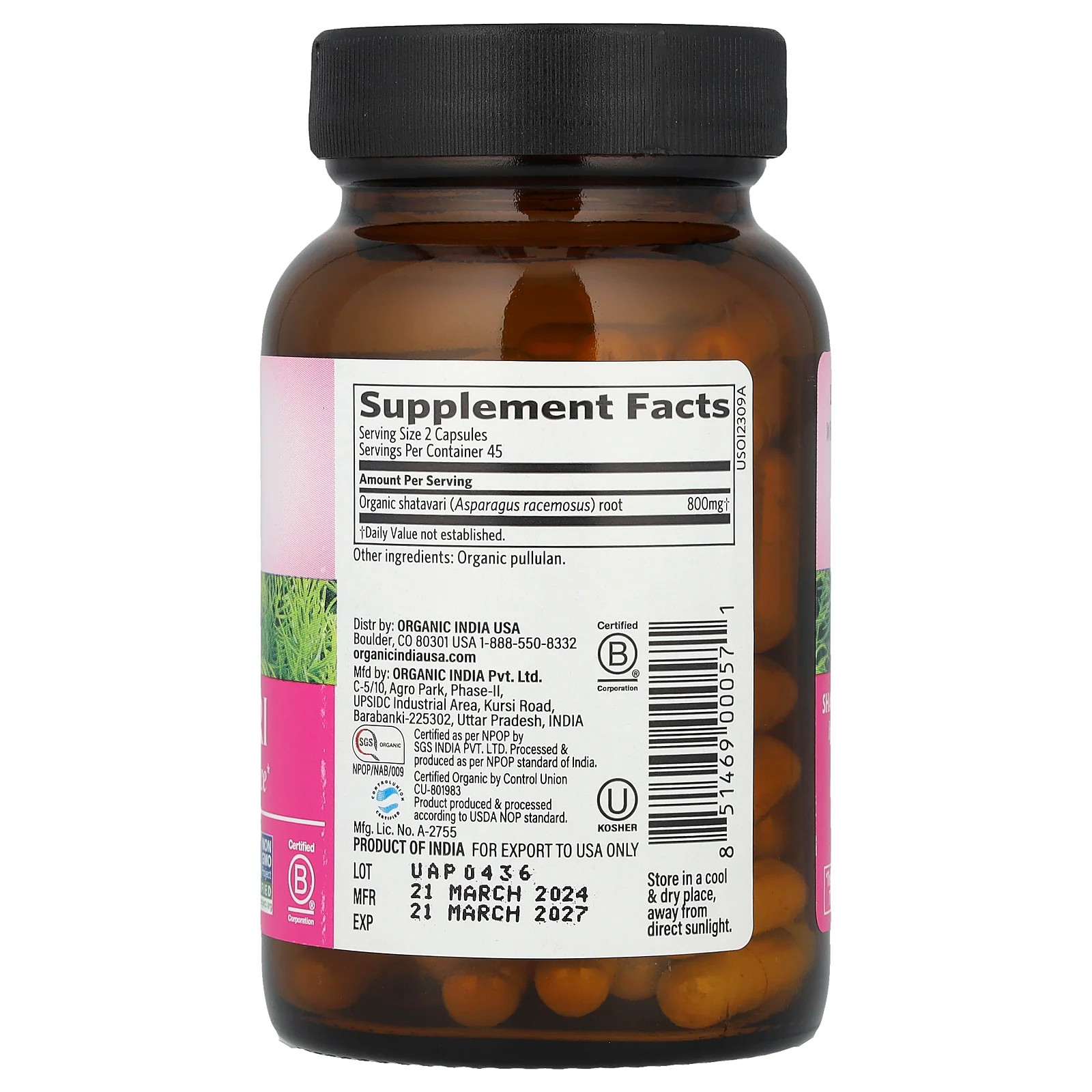 2 X Organic India, Shatavari, 90 Vegetarian Caps (400 mg per Capsule)