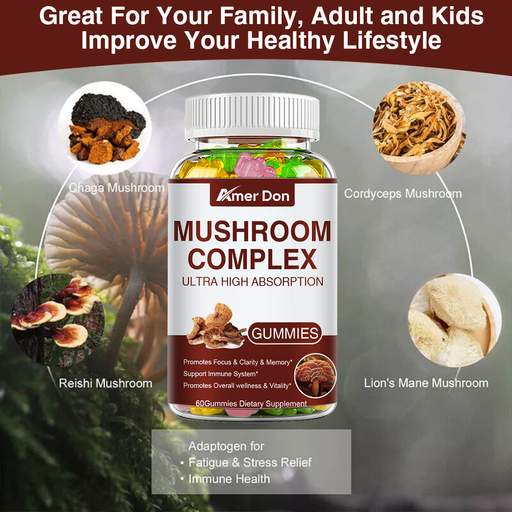 Mushroom Extract Complex Gummies Lions Mane Chaga Reishi Focus Memory Immunity