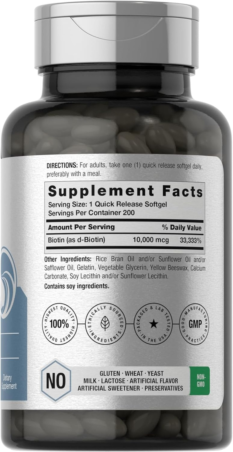 Horbaach Biotin 10000 Mcg, 200 Softgels, Vitamin B7 Supplement, Non-Gmo