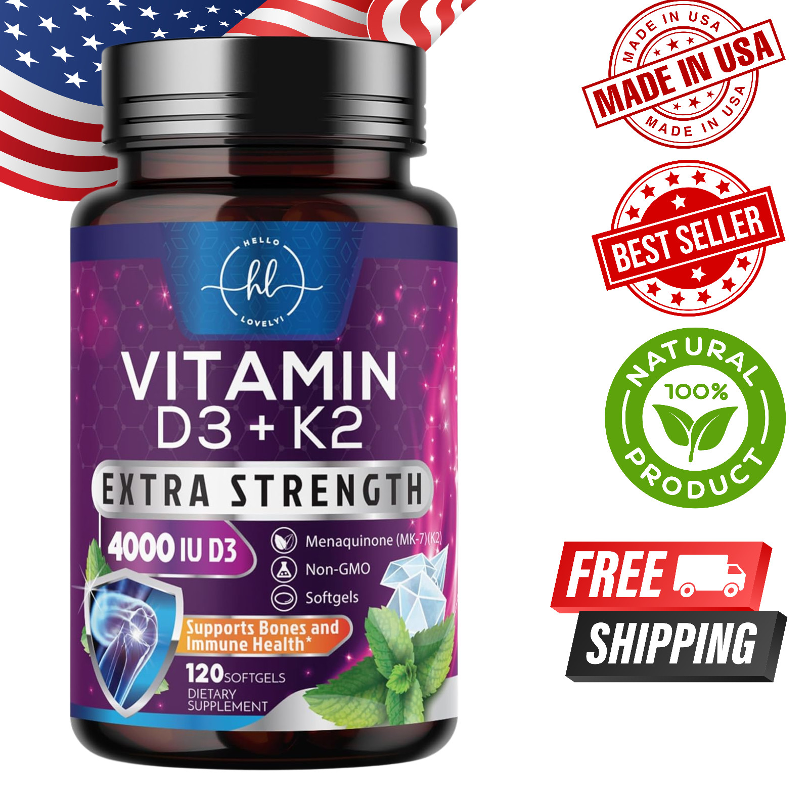 Vitamin D3 4000 IU with K2 MK-7 Bone Heart Immune Support 120 Softgels