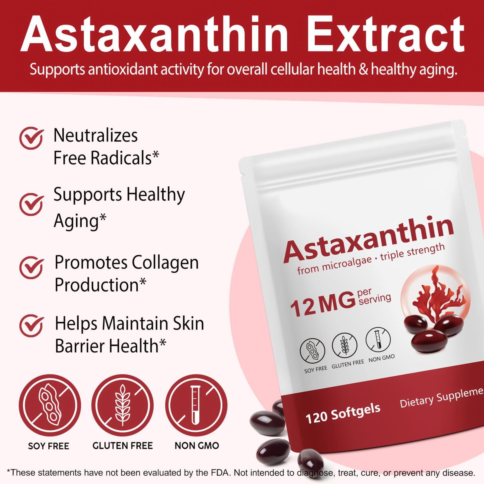 Astaxanthin 12mg,120 Softgels | Natural 120 Count (Pack of 1)
